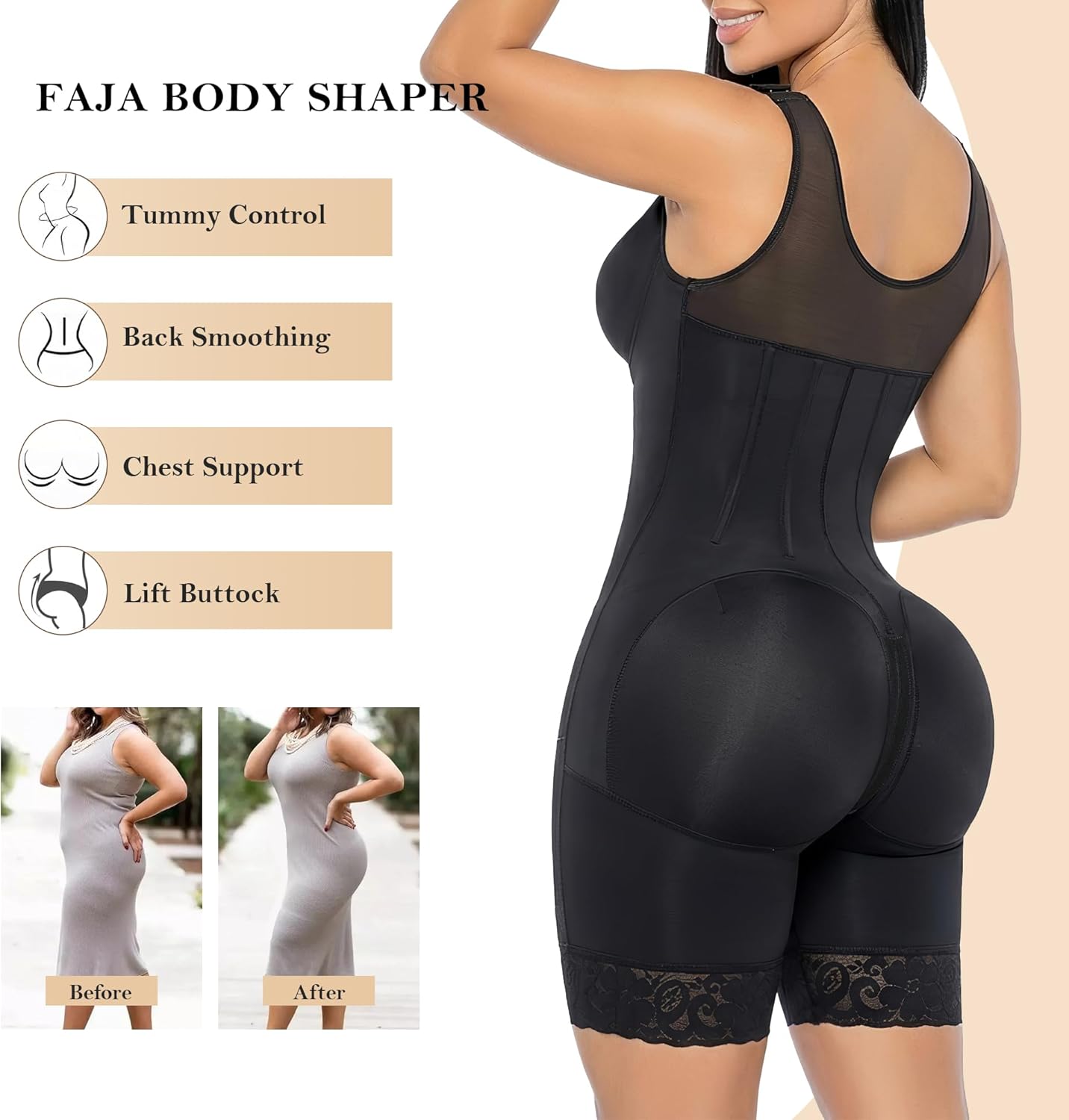 Thumbnail 5 de YIANNA Overbust Colombian Fajas Shapewear for Women — Tummy Control Body Shaper with Hooks, Zipper & Adjustable Straps