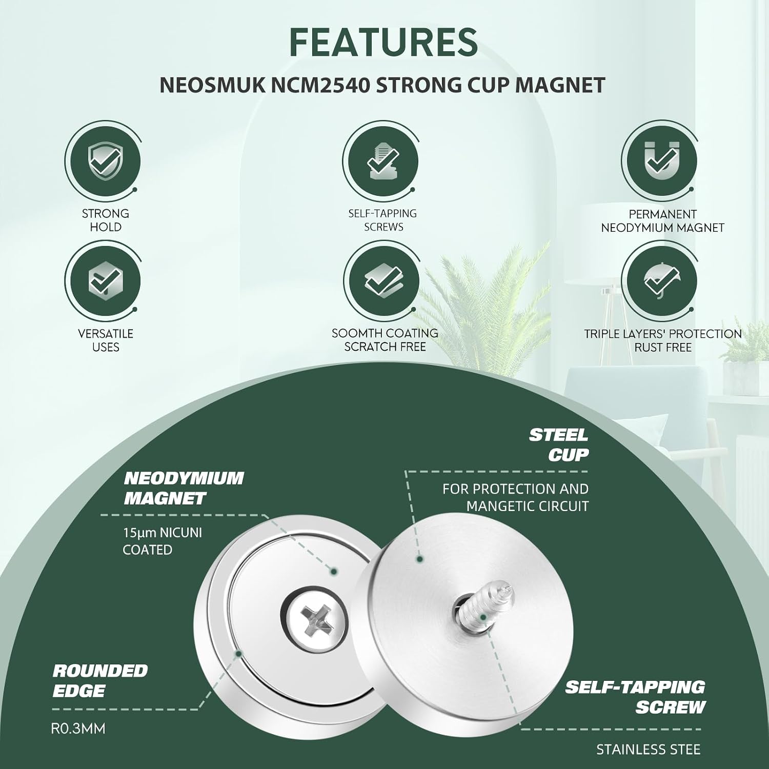 Thumbnail 5 de Neosmuk 25kg Strong Nd Disc Magnet with Center Holes – Round Cup Mount, Heavy-Duty 10 Pack