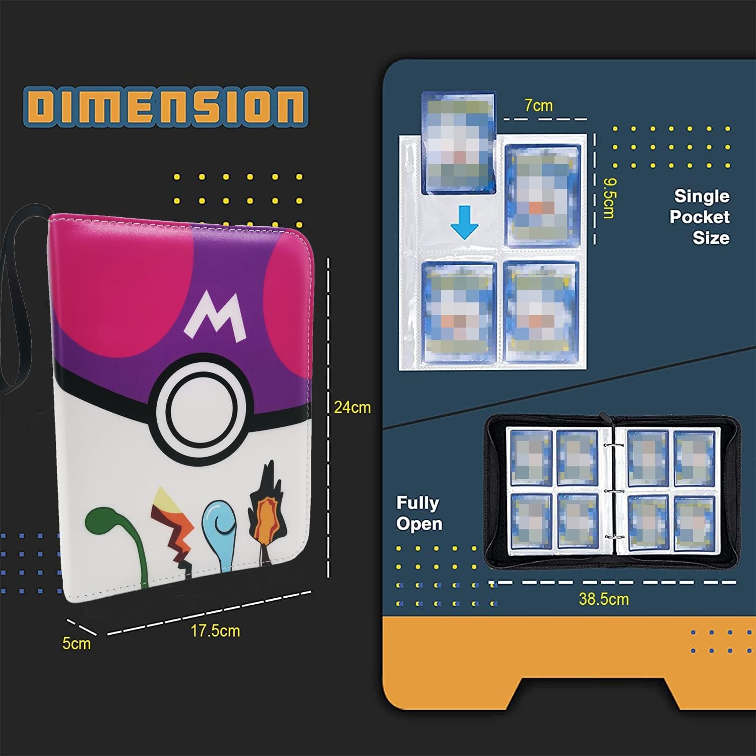 Detalle de Trading Card Binder Compatible with Pokemon Storage – 480 Card Capacity with Zip, 4-Pocket Binder