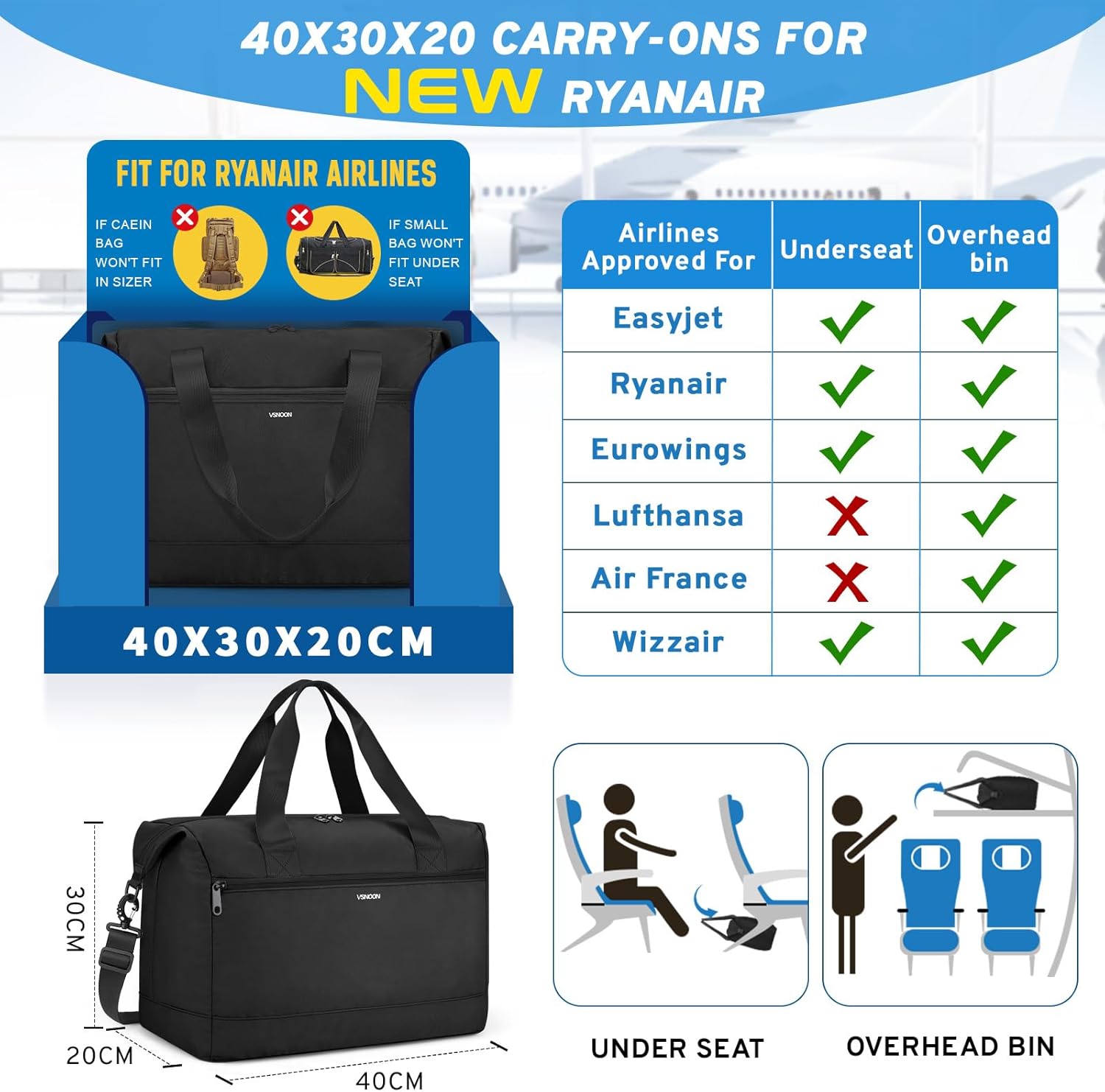 Thumbnail 1 de VSNOON 40x30x20 Foldable Cabin Bag 24L