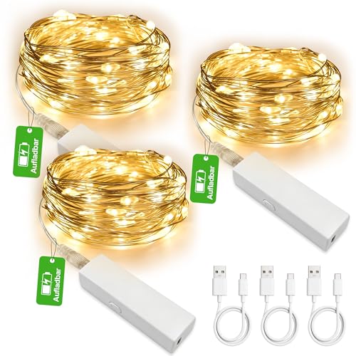Detalle de MUSUNIA Mini Aufladbare Lichterkette 3 m | 30 LEDs Warmweiß, Timer, USB‑C, 8 Modi