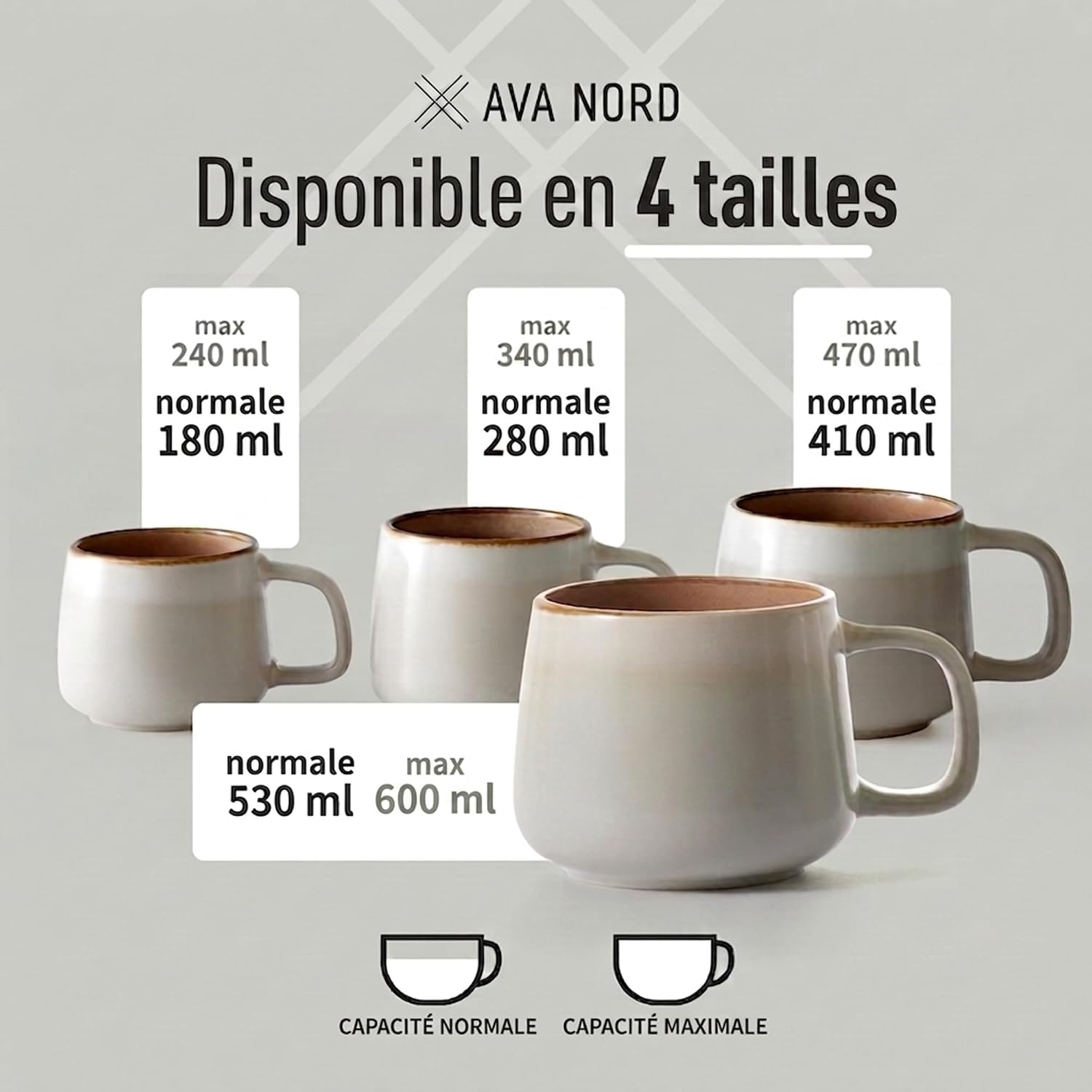 Detalle 1 de Ava Nord-koffiekopjes van keramiek, set van 4, 340 ml, saliegrijs