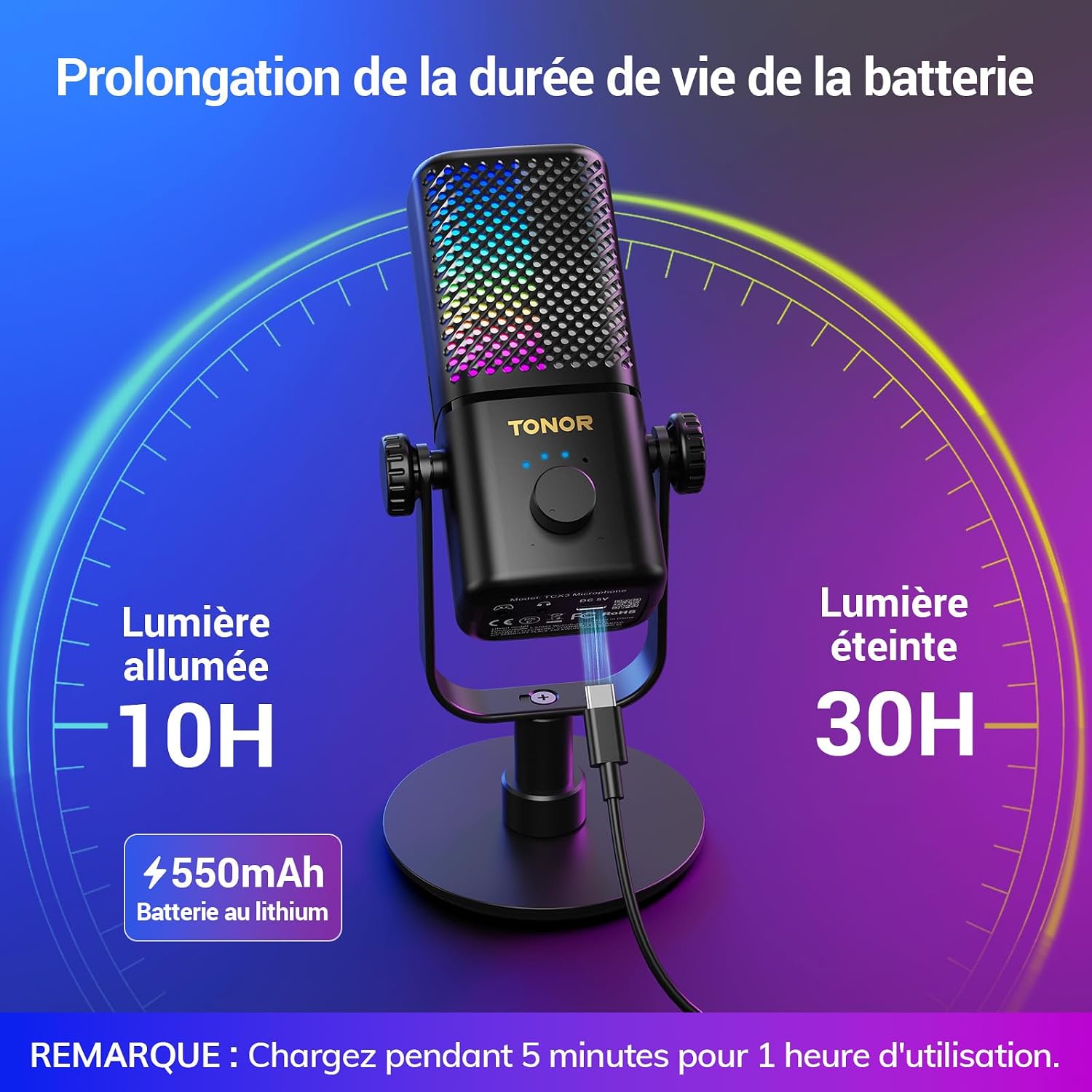 Detalle de TONOR TCX3-gamingmicrofoon voor Xbox met RGB en tot 30 uur batterijduur