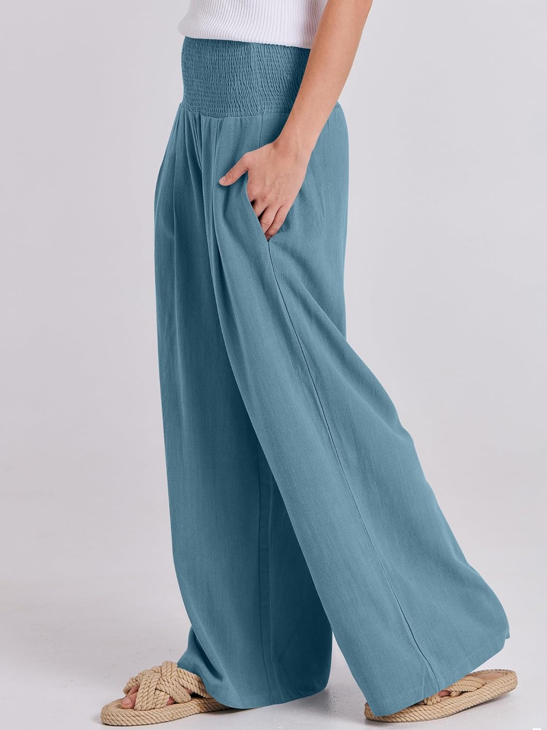 Thumbnail 6 de ANRABESS Women’s Linen Palazzo Pants (Smocked High Waist, Wide-Leg, Pockets) for Summer Beach & Travel