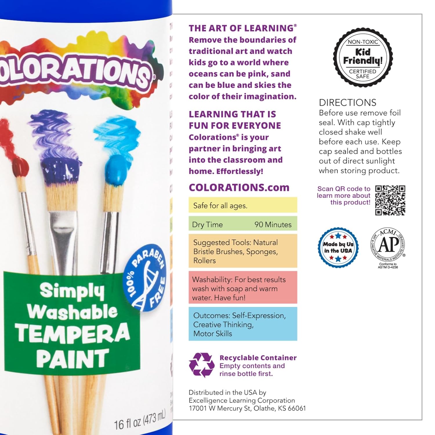 Detalle de Colorations Paraben-Free Washable Tempera Paint for Kids — 8 oz Bottles (Set of 6 Primary Colors)