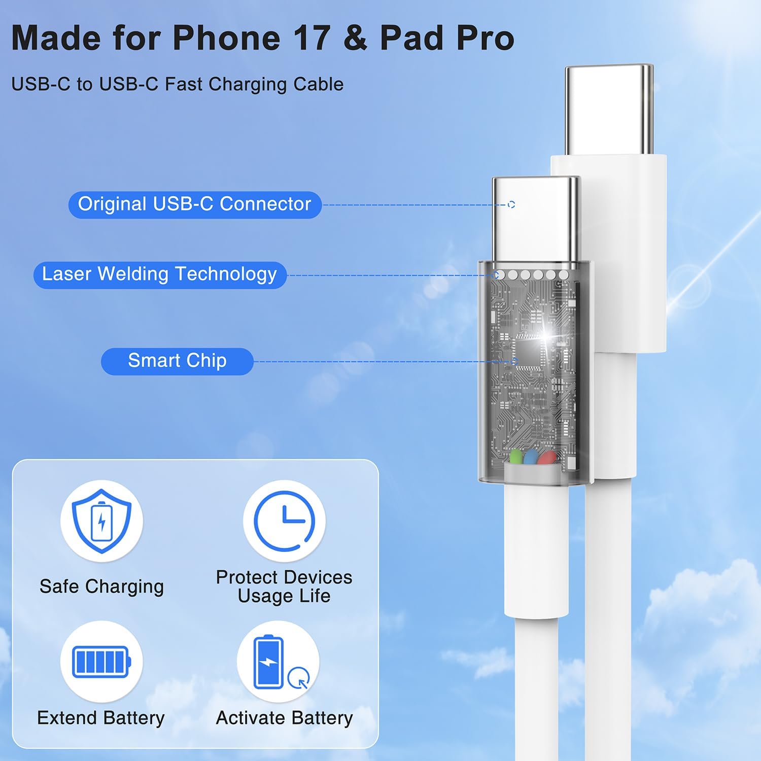 Thumbnail 3 de USB C to C Fast Charger Cable 15ft (2-Pack) – Long Type C to USB-C Power + Data Cable for iPhone, MacBook, iPad, and More
