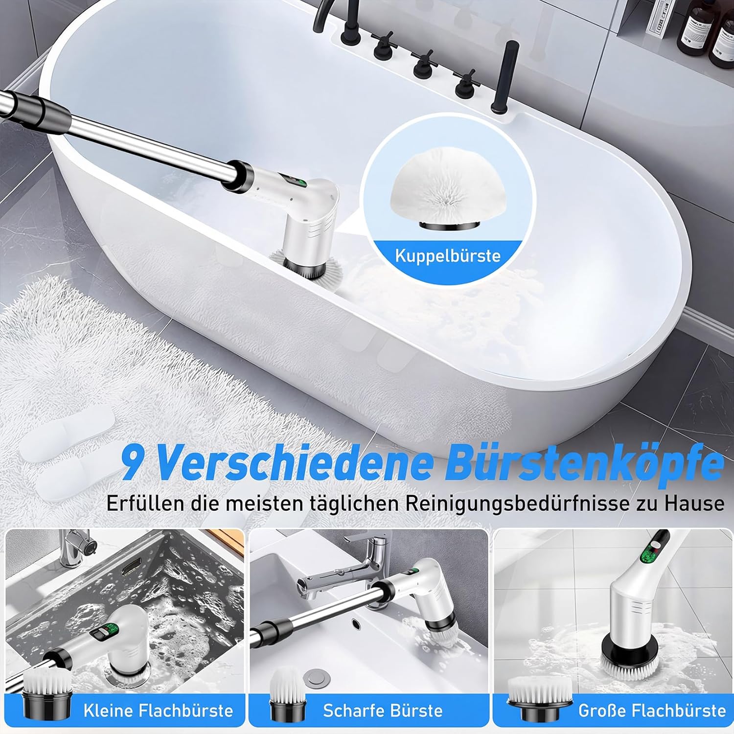 Thumbnail 3 de BioAura Elektrische Reinigungsbürste – 9-in-1 mit 9 Bürstenköpfen, 2 Geschwindigkeiten, verstellbarer Teleskopgriff