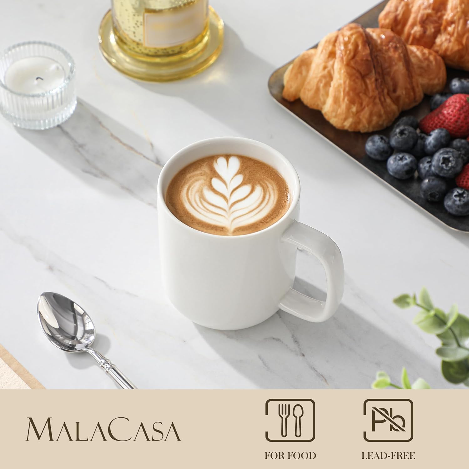 Detalle de MALACASA Kaffeebecher 6er-Set aus Porzellan, Serie LUNA Weiß (ca. 330 ml) – spülmaschinen- & mikrowellenfest
