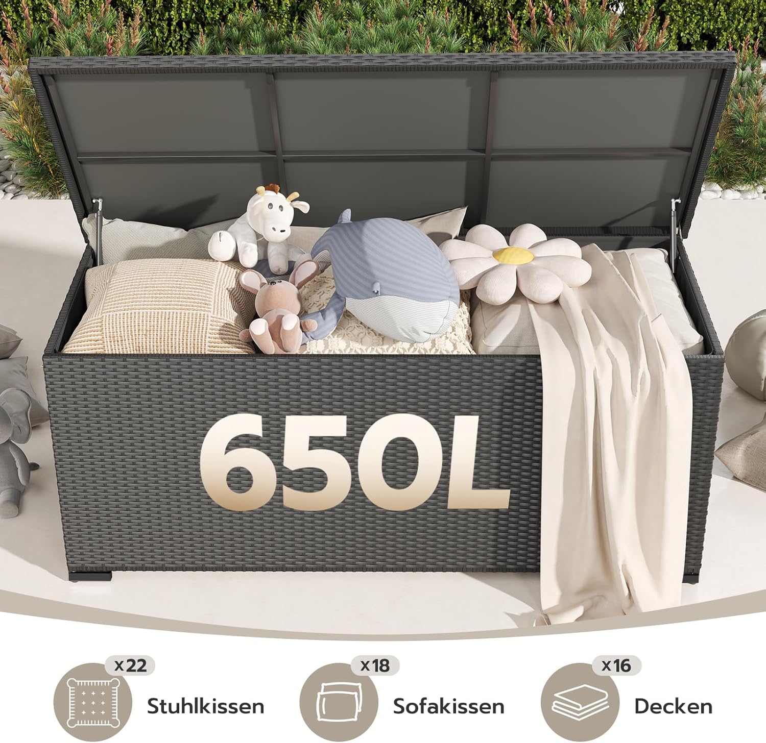 Detalle 2 de Amopatio 650L Gartenbox aus Polyrattan mit Gasdruckfedern – wasserdicht & wetterfest, Auflagenbox für Balkon und Garten