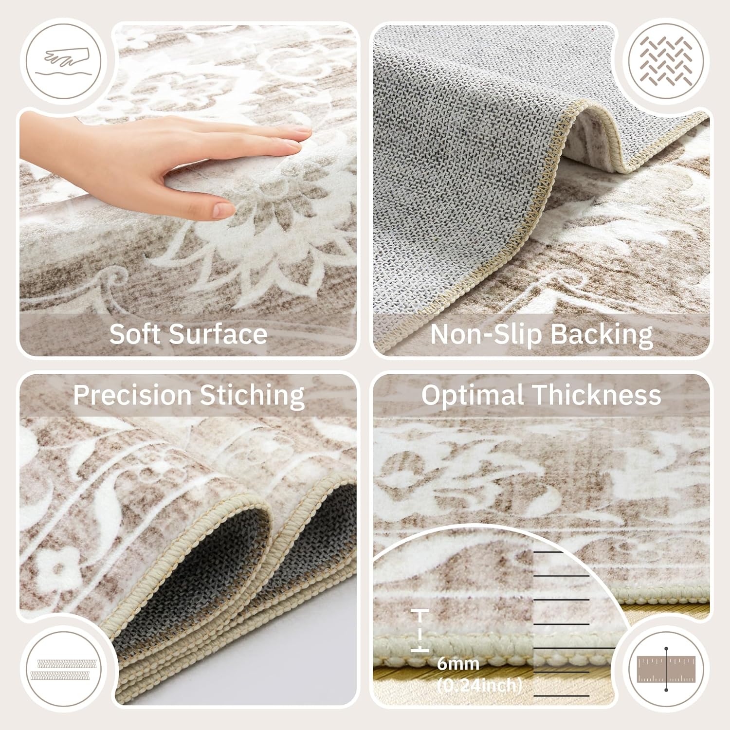 Detalle de Soalmost 8x10 Washable Area Rug for Living Room – Vintage Floral, Non-Slip, 0.24 Inch Pile, Light Brown