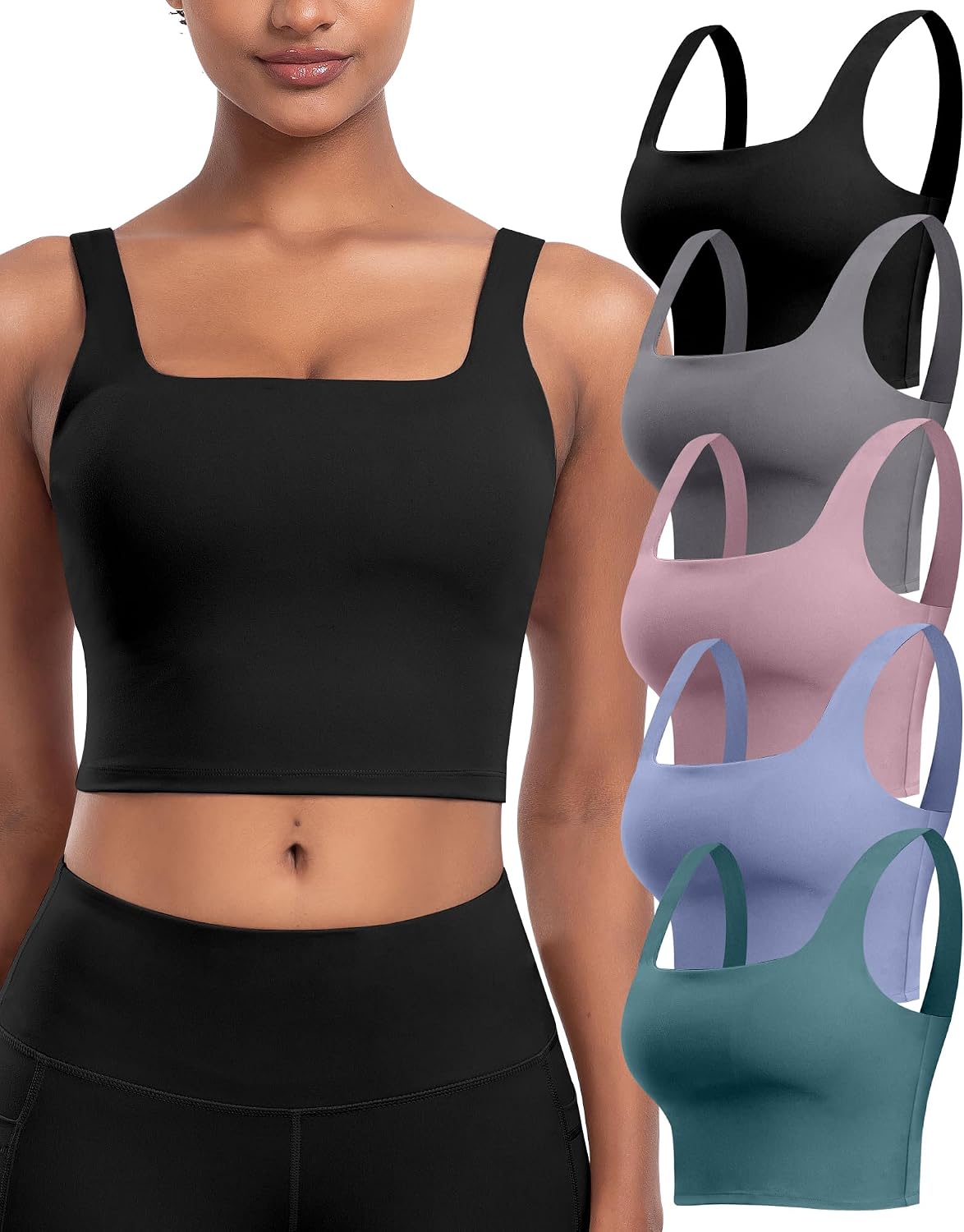 Detalle de Womens Sports Bras 5 Packs: Square Neck Longline with Removable Pads