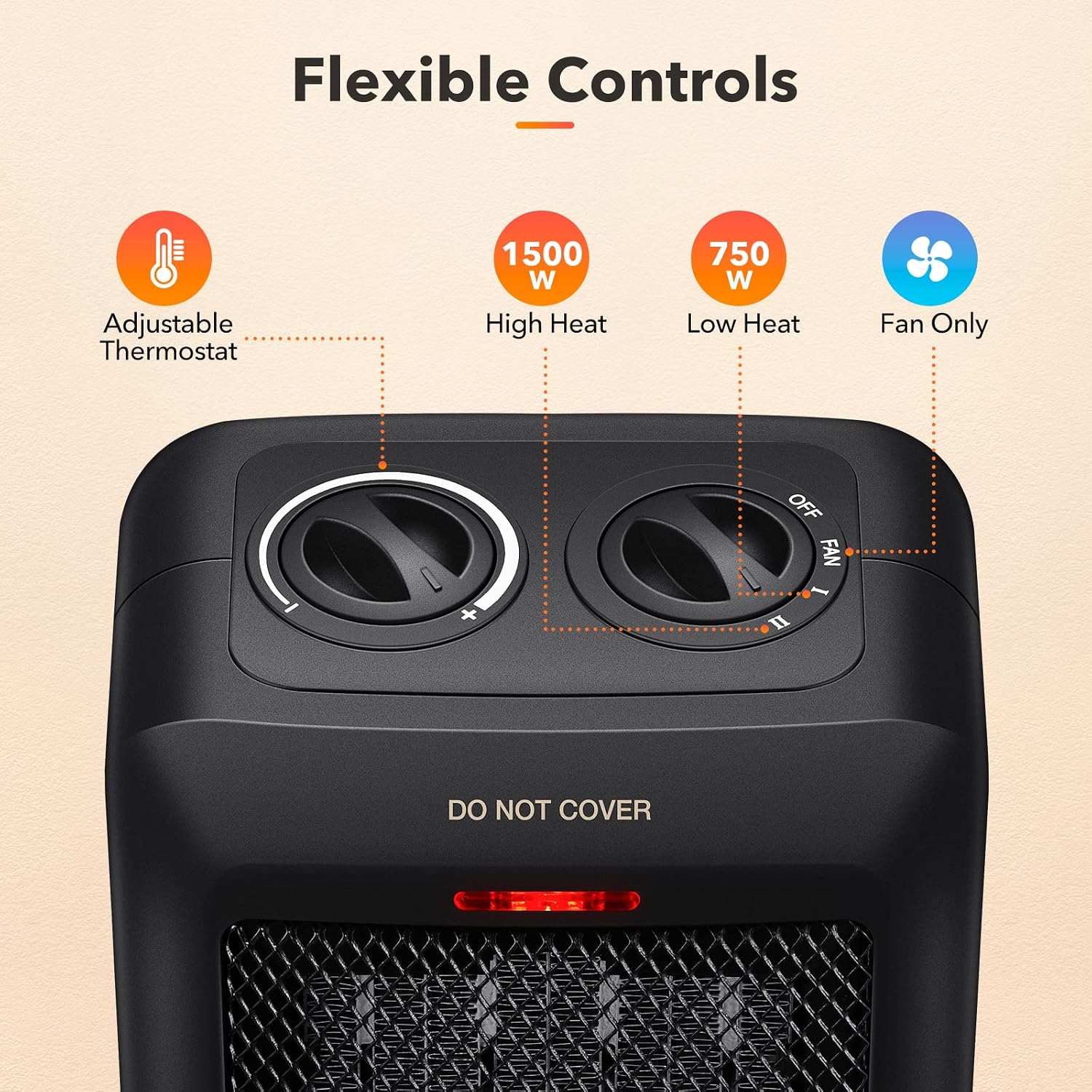 Detalle de Brightown PTC-1901 Ceramic Space Heater, 1500W/750W, Fan Mode and Safety Shut-Offs