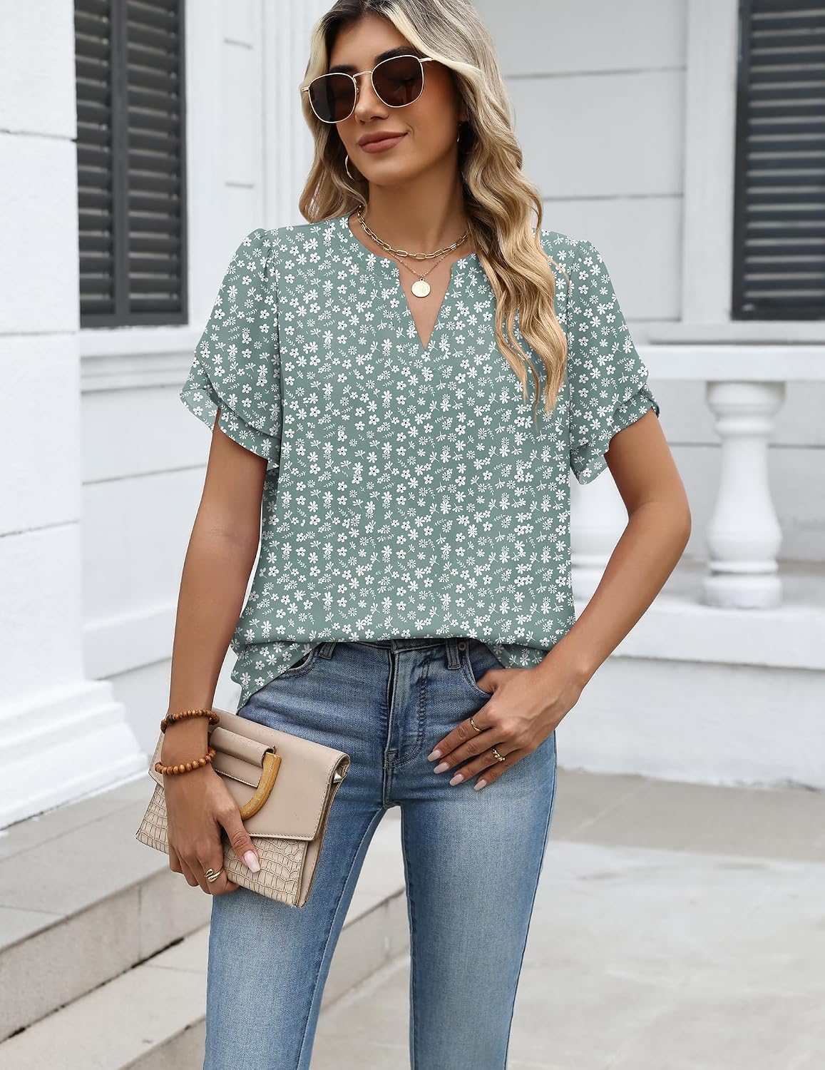Detalle de Zeagoo Women's Short Sleeve V-Neck Blouse in Lightweight Polyester Crepe