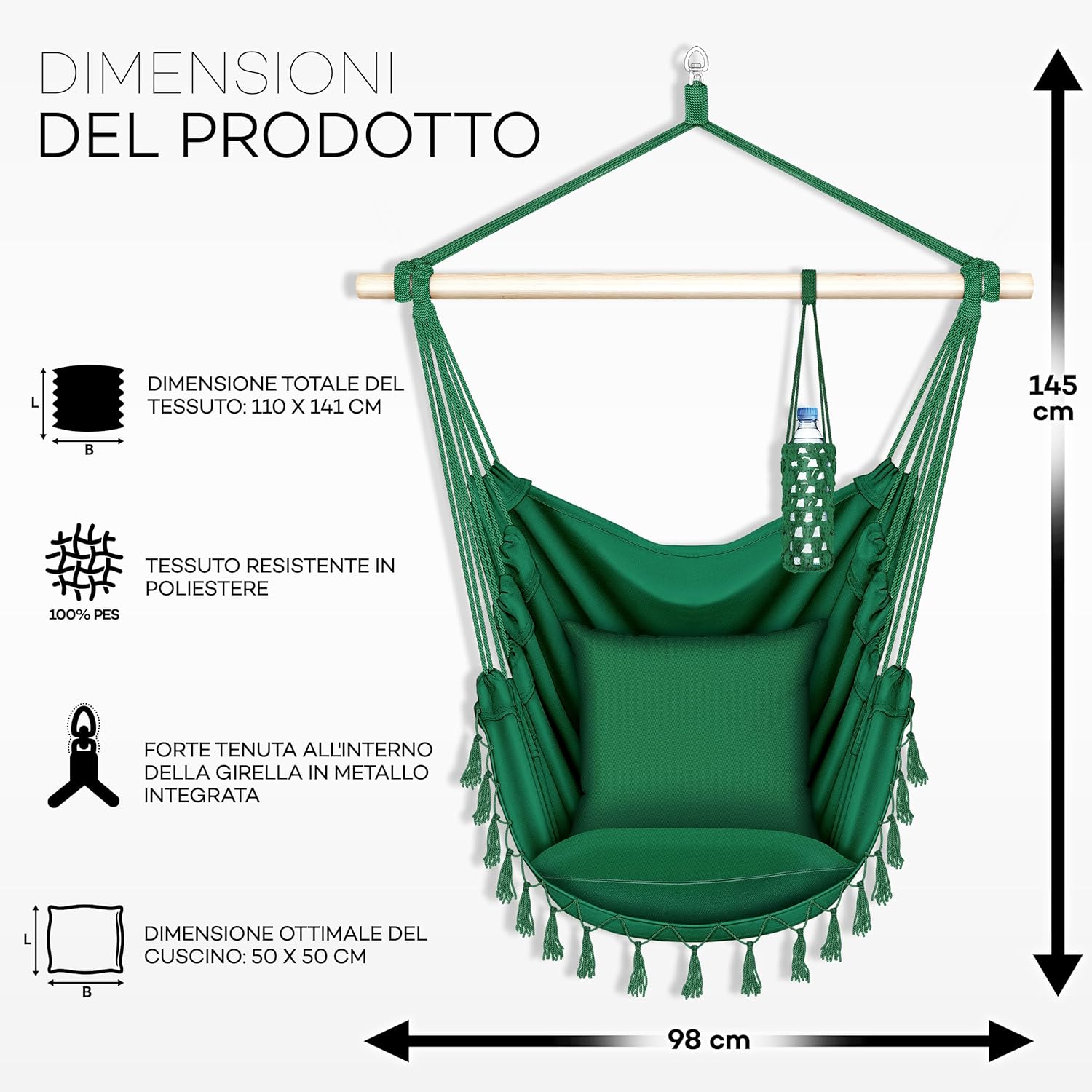 Detalle de Tillvex Poltrona Sospesa 200kg da Appendere con 2 cuscini - Verde