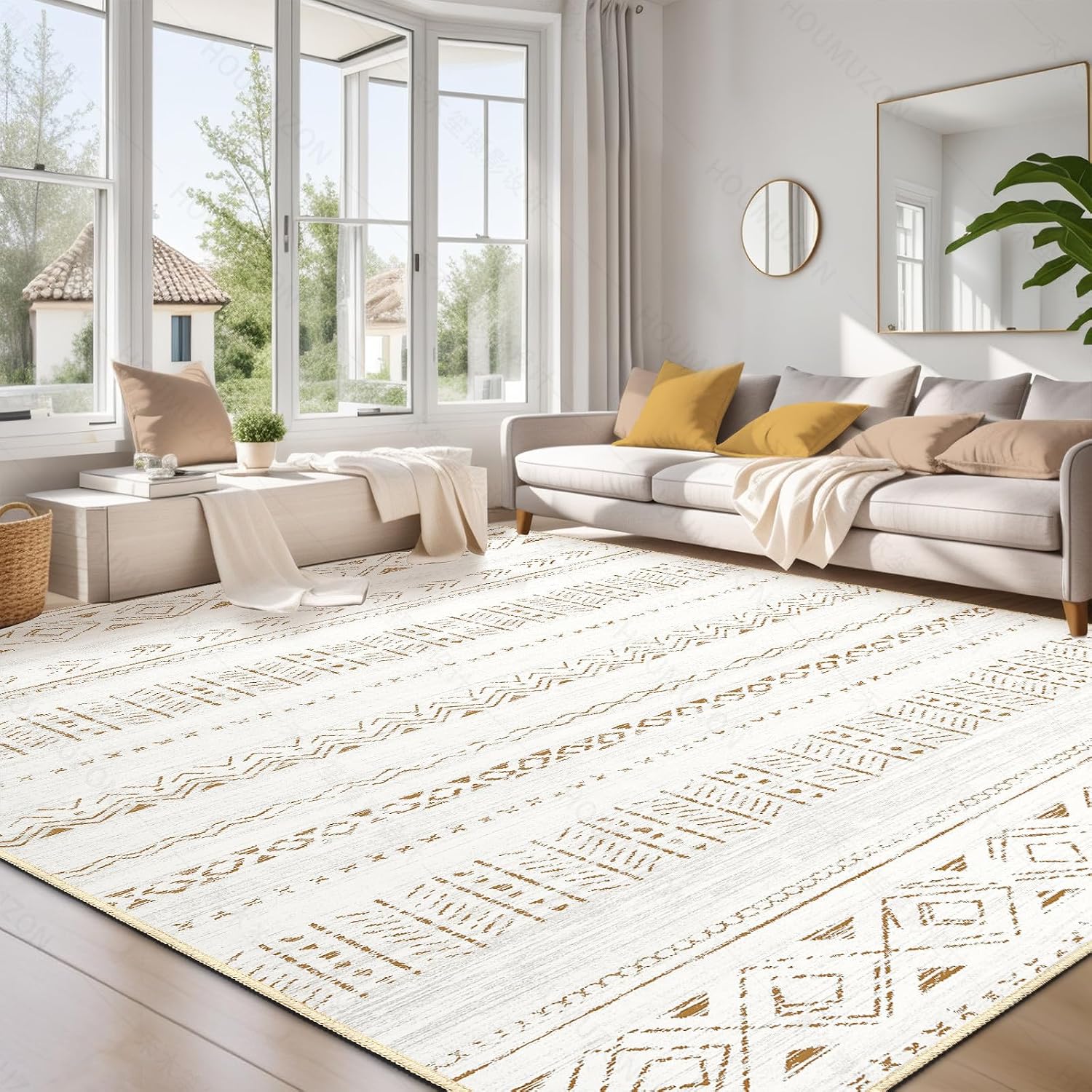 Detalle de cotiled 6x9 Boho Washable Area Rug for Living Room (L Brown/Cream) — Non-Slip, Stain-Resistant