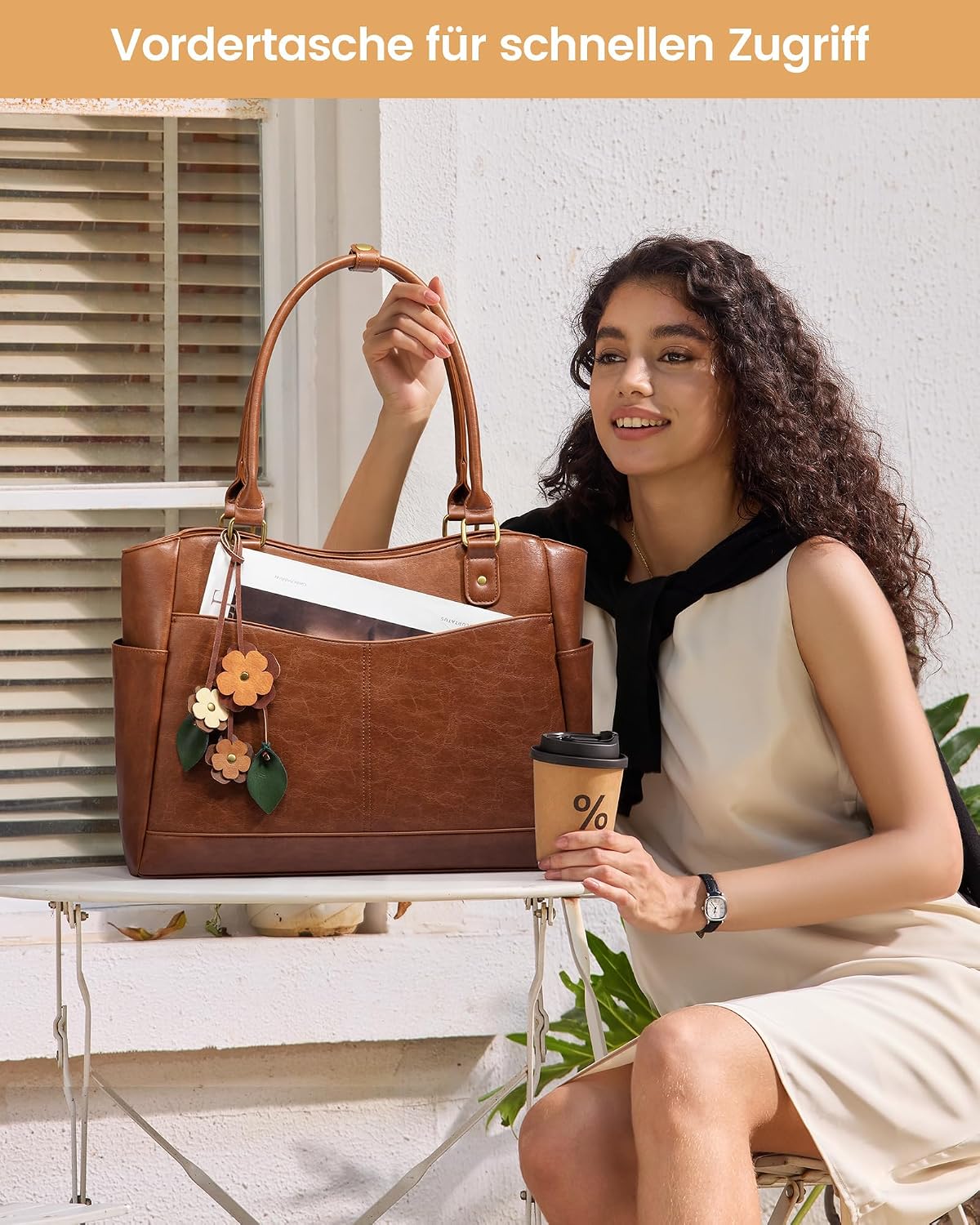 Thumbnail 2 de LOVEVOOK Laptoptasche Damen 15,6 Zoll – Große Tote mit Blumenanhänger aus PU-Leder