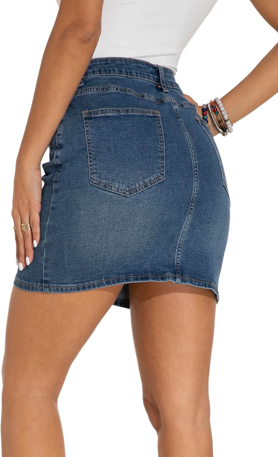 Detalle de GUANYY Women's High-Waisted Denim Mini Skirt, Stretch Fabric, 5-Pocket Design