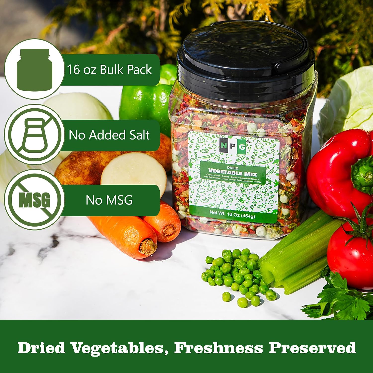 Detalle 2 de Natural Plus Green Dried Vegetable Mix, 10-Blend Dehydrated Vegetables, 16 oz