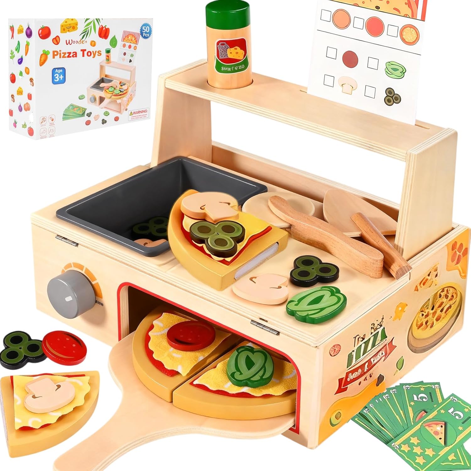 Smartwo Wooden Pizza Oven Toy for Kids – 50-Piece Pretend Play Set