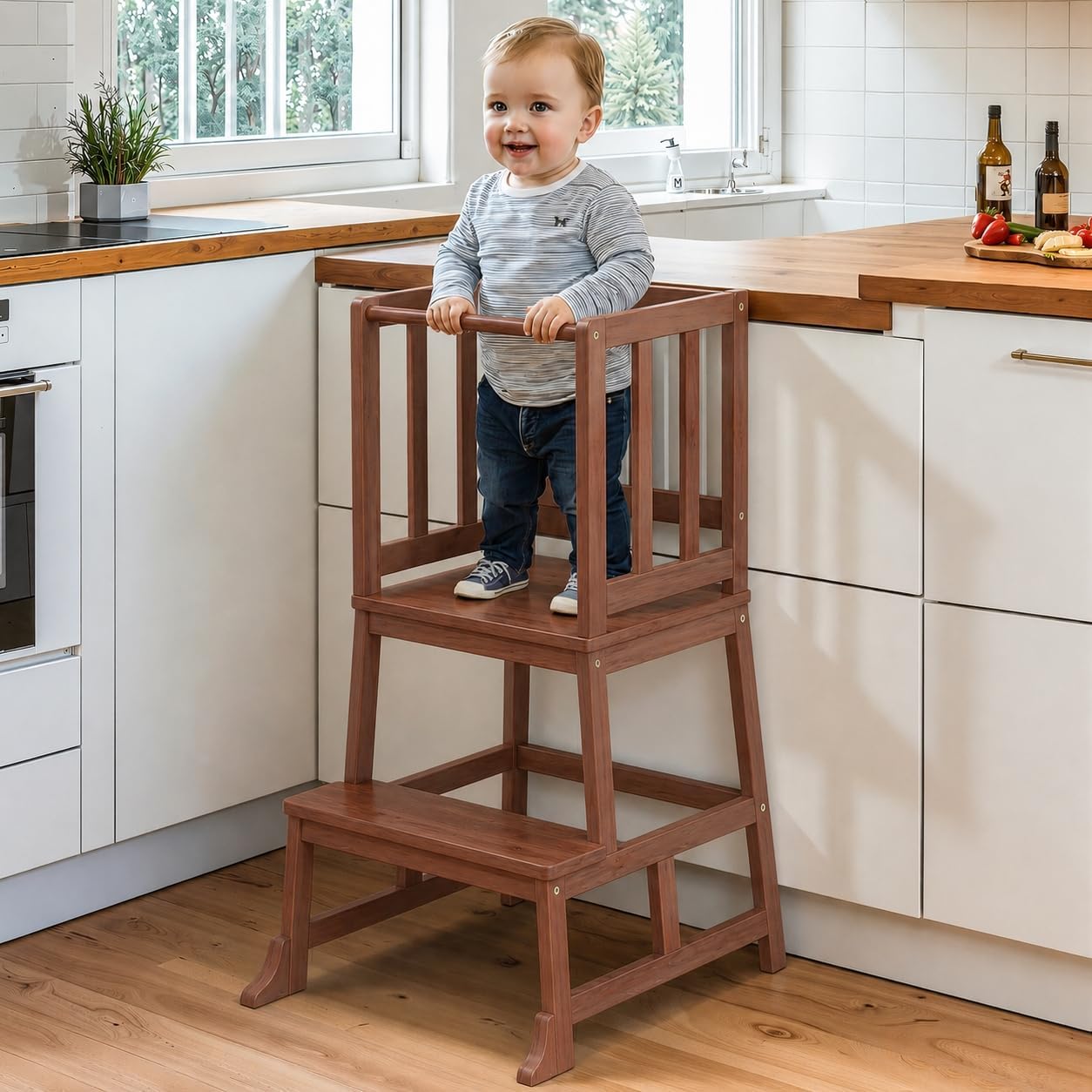 Detalle de COSYLAND Toddler Standing Tower for Kitchen – Wooden Learning Stool in Brown