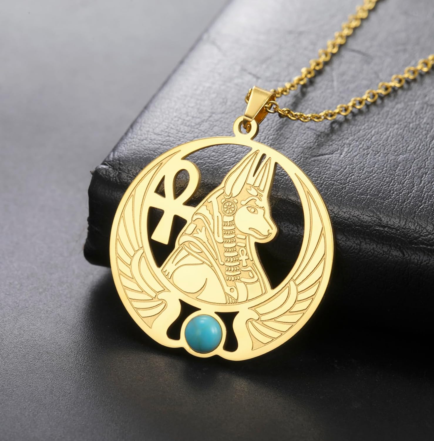 Thumbnail 4 de EUEAVAN Ägyptische Anubis-Halskette – Ankh-Kreuz, Isis & Flügel-Skarabäus Amulett aus Edelstahl