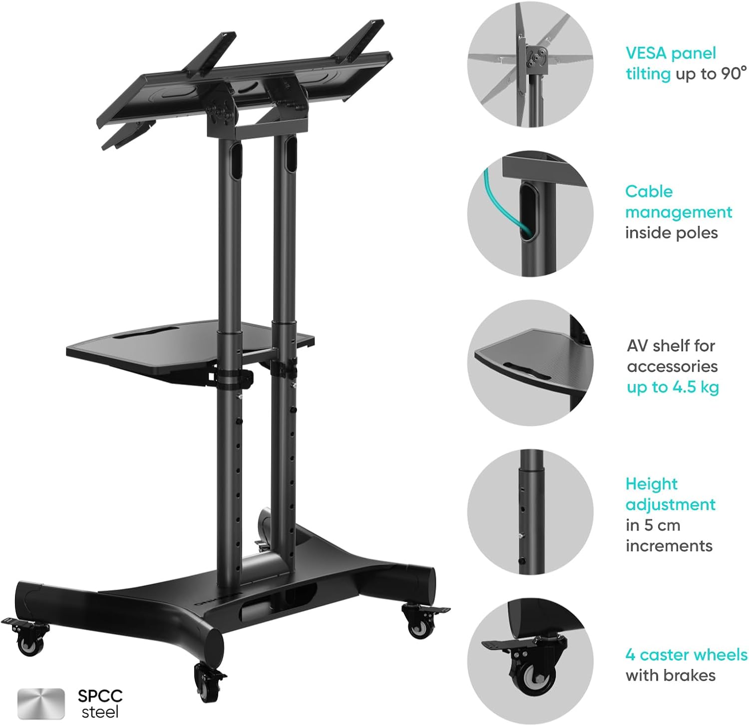 Detalle de ONKRON TS1350-B mobiler TV-Ständer mit Rollen für 32–70 Zoll, höhenverstellbar & neigbar (VESA bis 600×400)