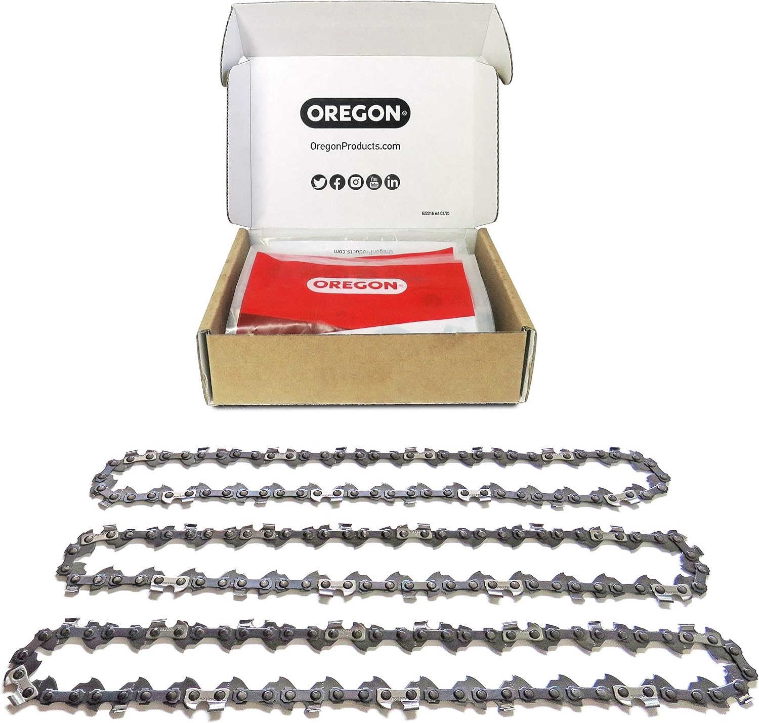 Oregon 3-Pack Chainsaw Chain 3/8" LP Pitch, .050" Gauge (1.3 mm) – 57 Drive Links, 16" Bar, Low-Kickback Replacement Saw Chain