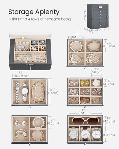 Detalle de SONGMICS Large Jewellery Box, 6 Tiers, 5 Drawers, Lockable with Mirror