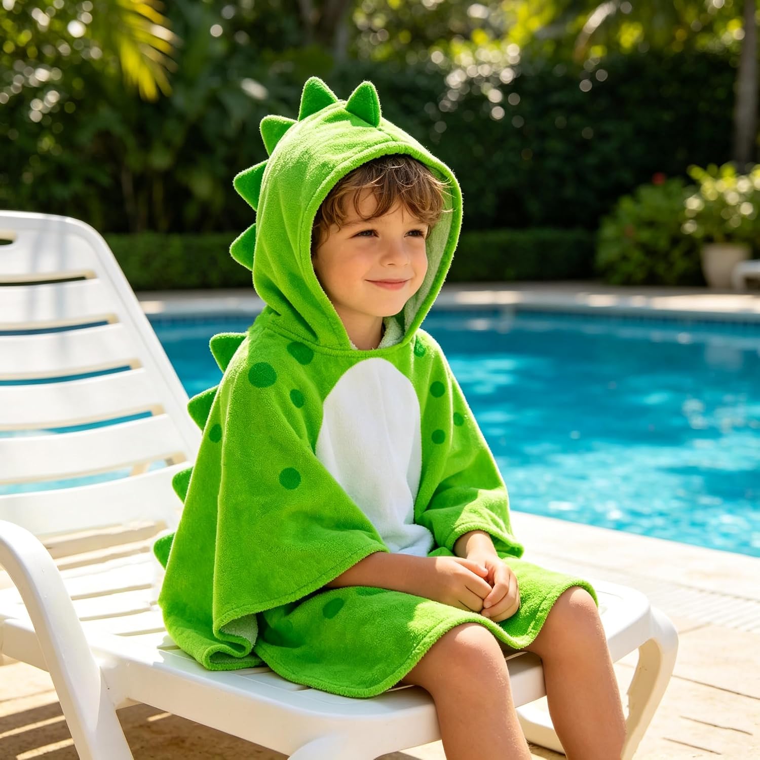 Detalle de LOLANTA Kinder Badeponcho Dinosaurier mit Kapuze, Grün B (5–7 Jahre) – 100% Baumwolle