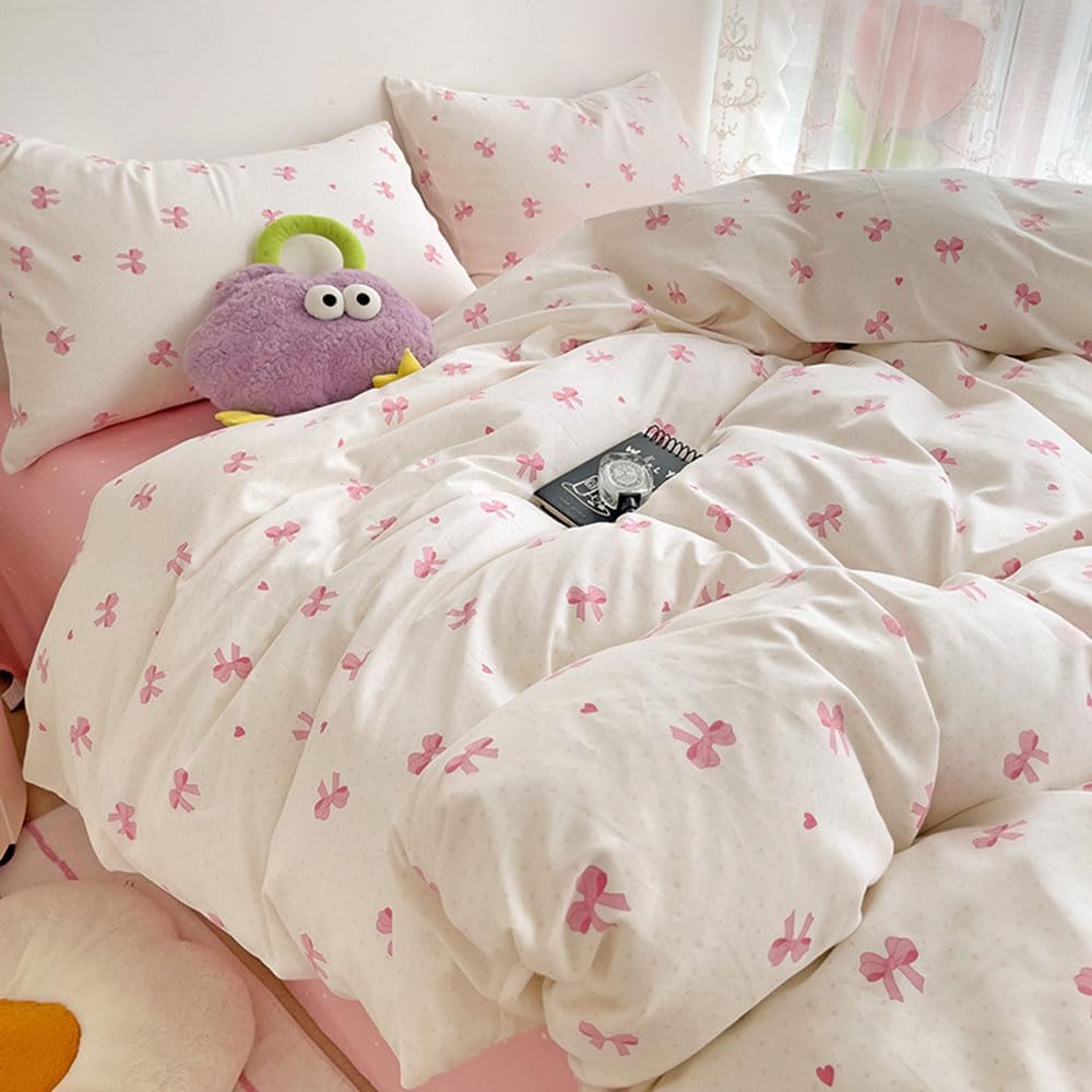 Thumbnail 6 de Nyescasa Housse de couette 200x200 rose nœud papillon et cœurs en microfibre, avec fermeture éclair et 2 taies 65x65