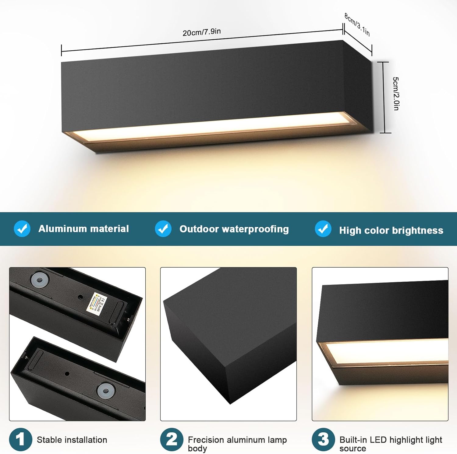 Detalle de 12W Applique da Parete Esterno/Interno 3000K — Bianco Nero, 20 cm, IP54