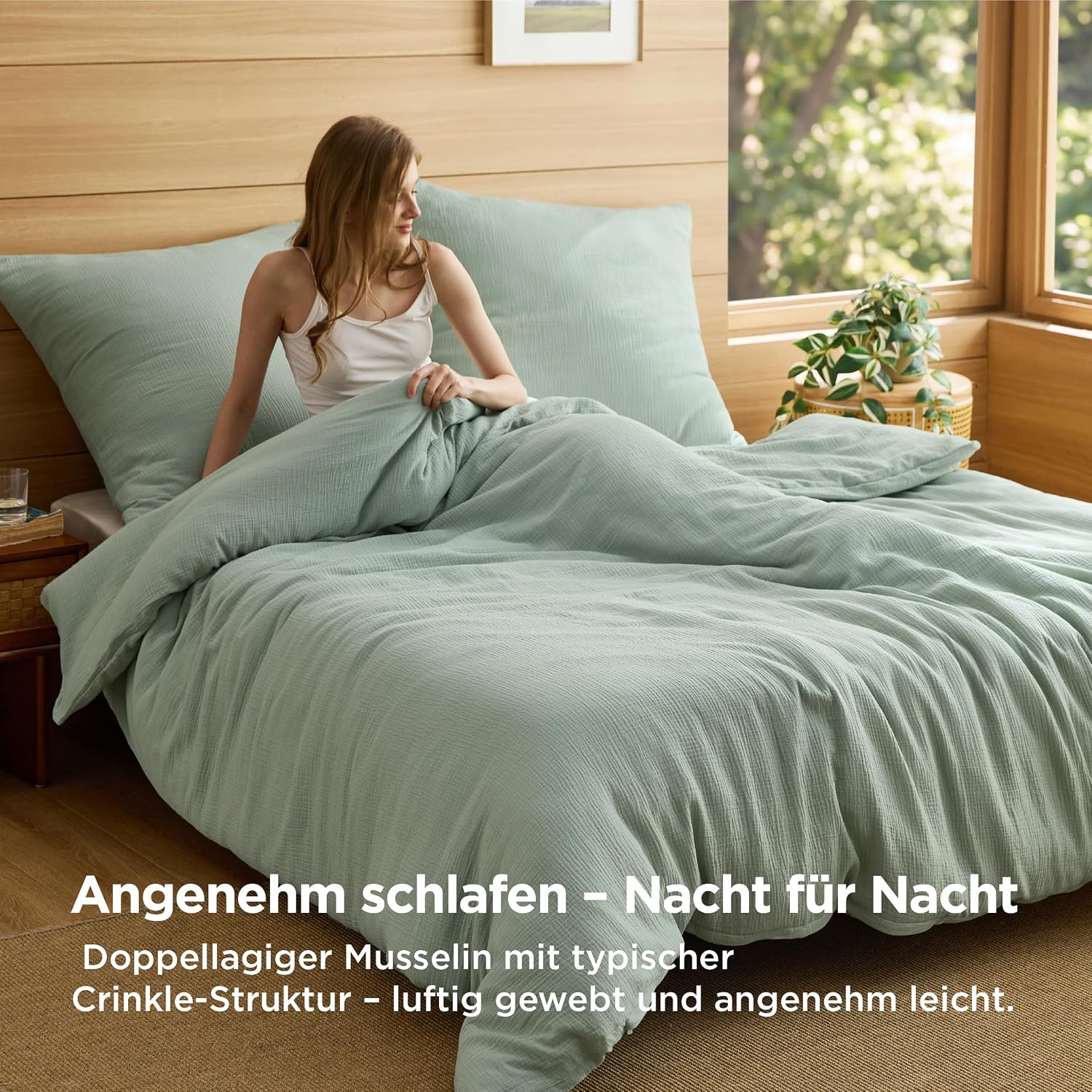 Thumbnail 3 de BEDSURE Musselin Bettwäsche 135x200 cm 4-teilig – 100% Baumwolle, OEKO-TEX, Grün, sommerliche Leichtigkeit