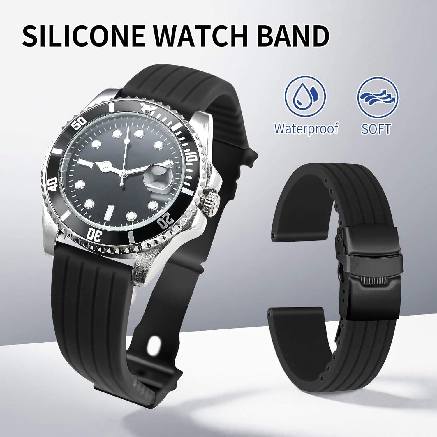 Thumbnail 1 de ULLCHRO Unisex-Kautschuk-Armband mit Edelstahl-Faltschließe in Schwarz (schneller Wechsel)