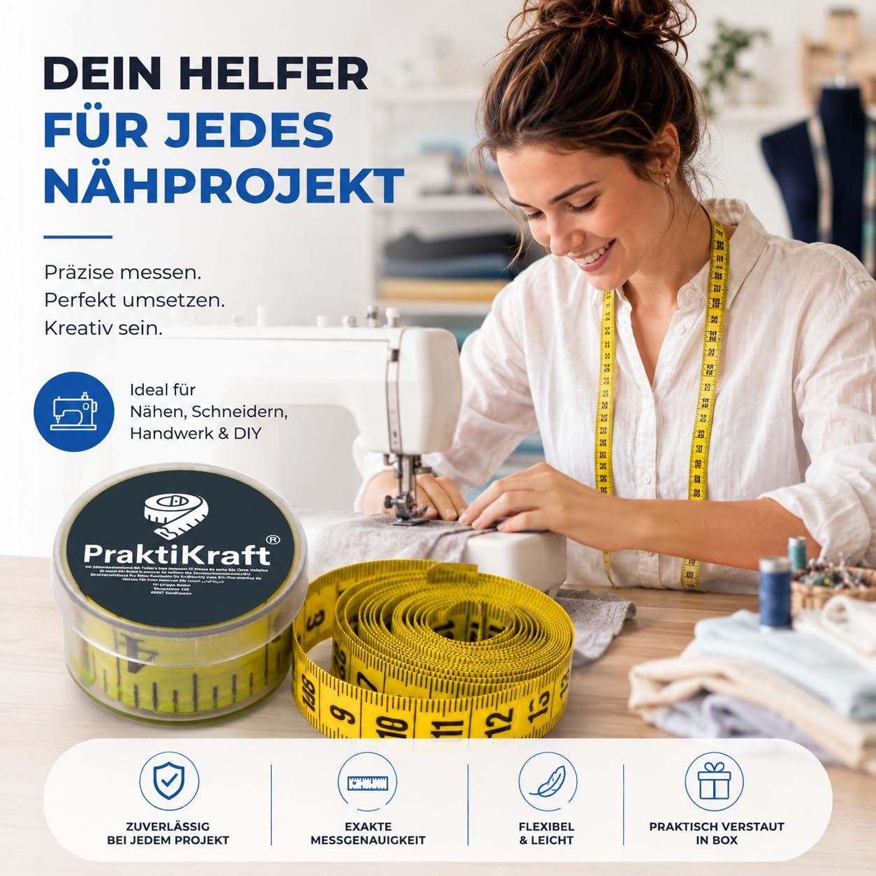 Detalle de PraktiKraft 2-in-1 meetlint 150 cm met cm- en inchschaal en opbergdoos