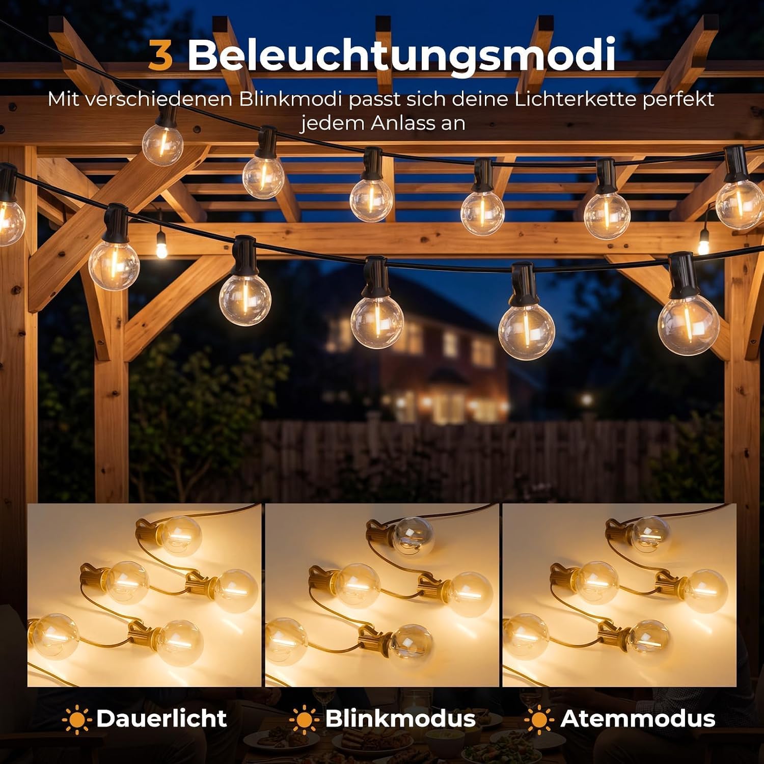 Detalle de Litogo Außen-Lichterkette 15 m mit Fernbedienung – dimmbar, Timer, IP44, 18 LEDs, 24V Sicherheit, Warmweiß