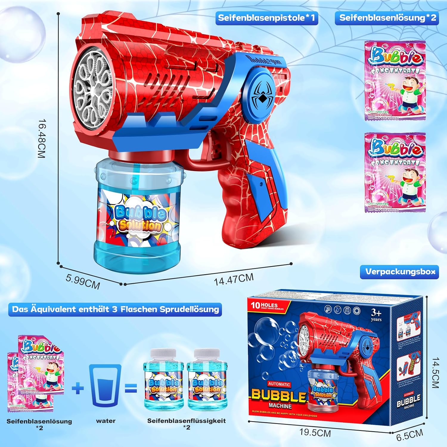 Thumbnail 6 de Seifenblasenmaschine Kinder Automatische Seifenblasen Pistole mit LED-Licht (110 ml) – Blau/Rot