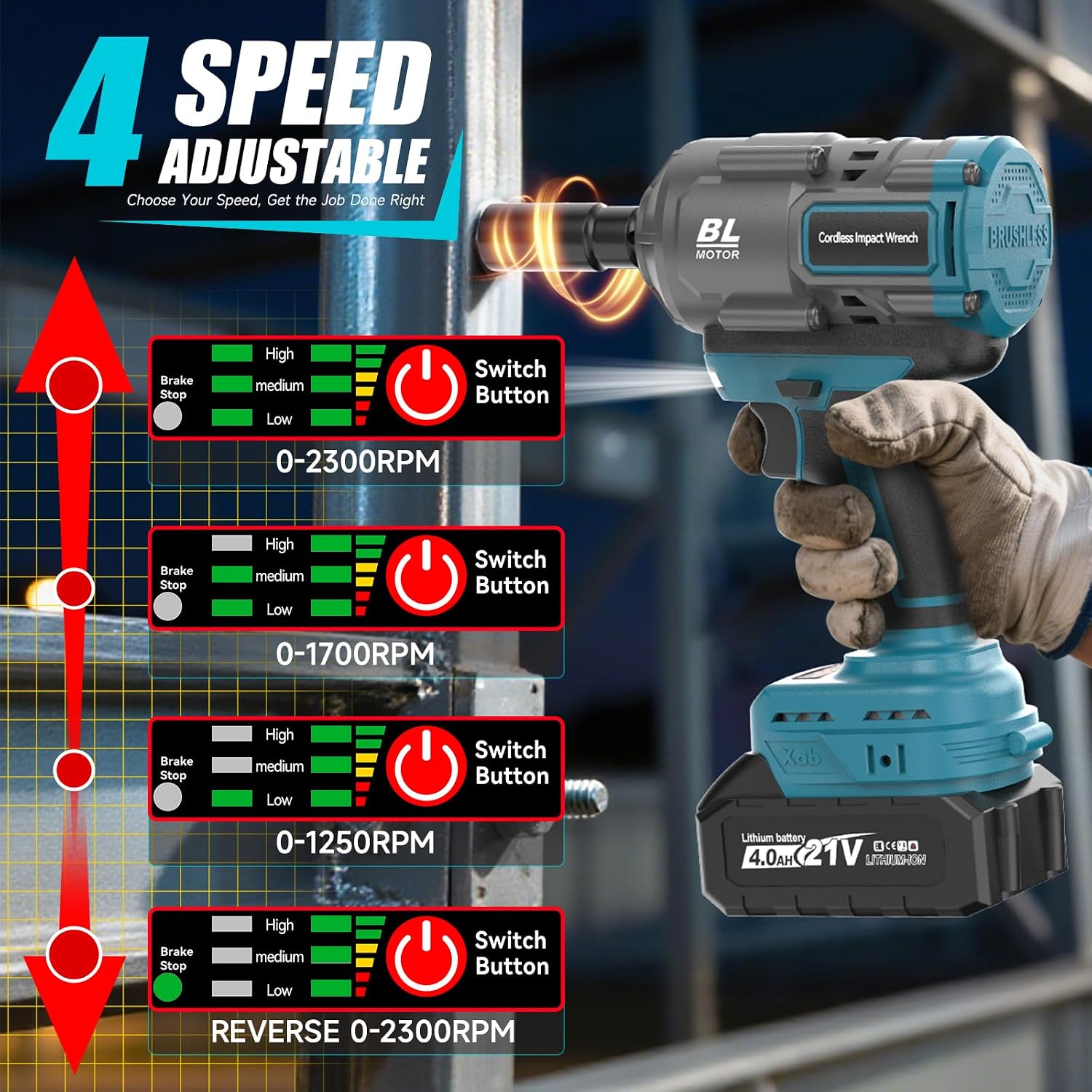 Thumbnail 4 de Blayram 1200 Nm Akku-Schlagschrauber – kompatibel mit Makita 18V, 2x 4,0Ah, 5 Stecknüsse, Koffer