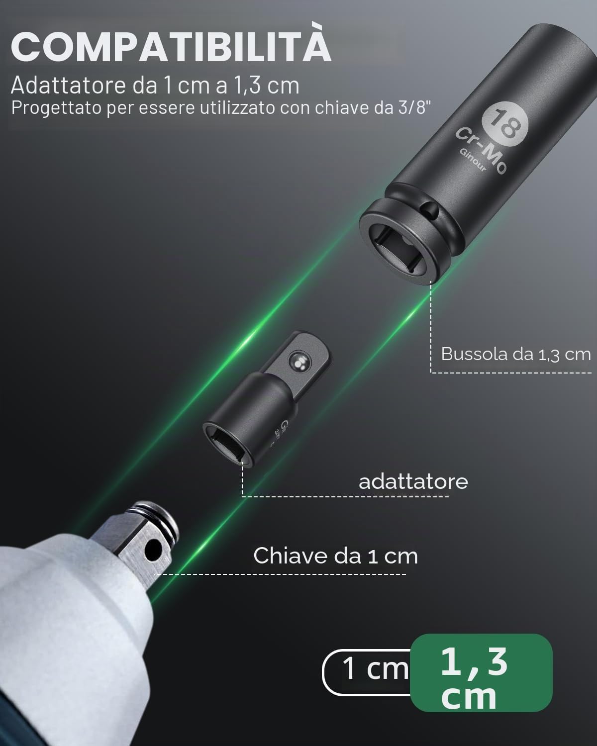 Detalle 2 de Ginour Set Chiavi a Bussola a Impatto 1/2" Cr-Mo – 17 pezzi, 6 punti, con valigetta e prolunghe