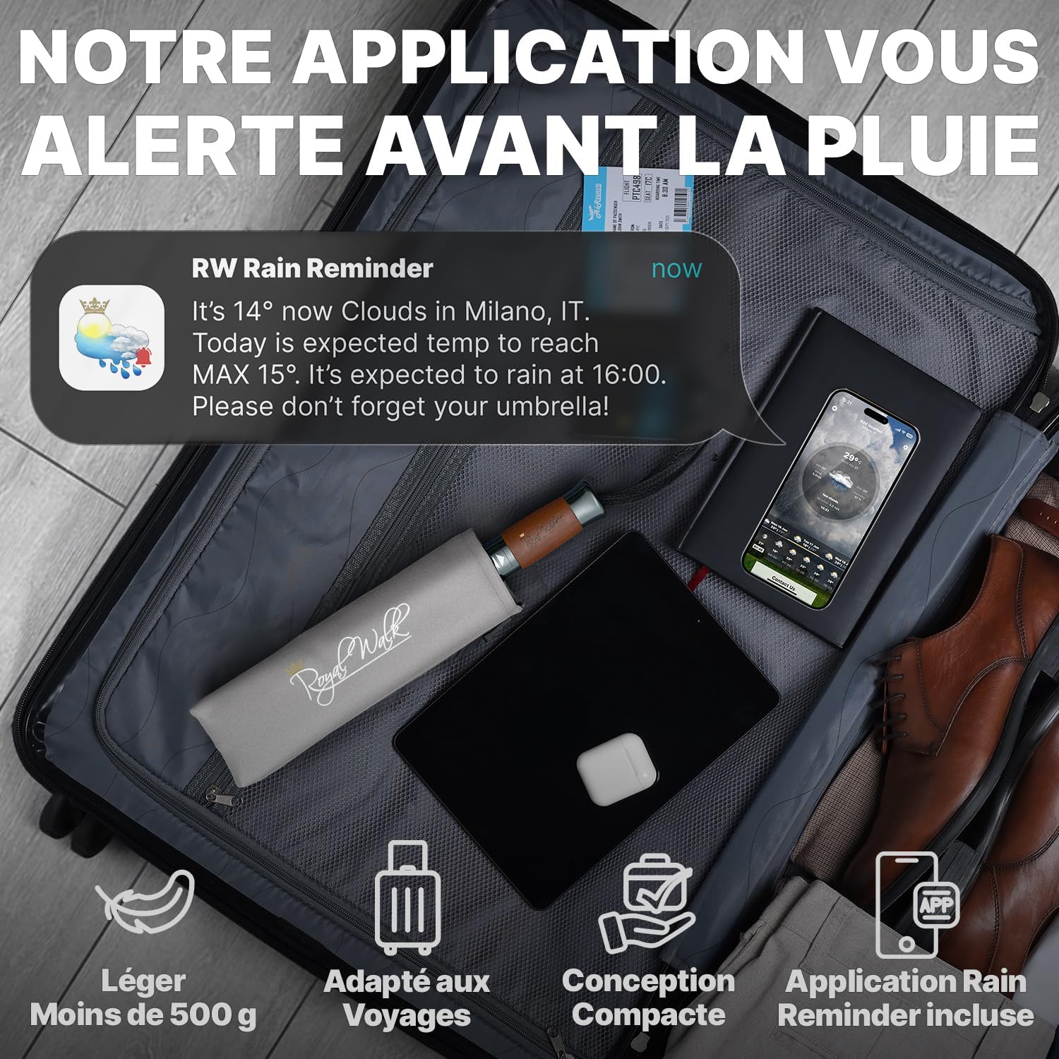 Thumbnail 5 de Royal Walk Parapluie de poche automatique coupe-vent double toit gris L, poignée en bois véritable