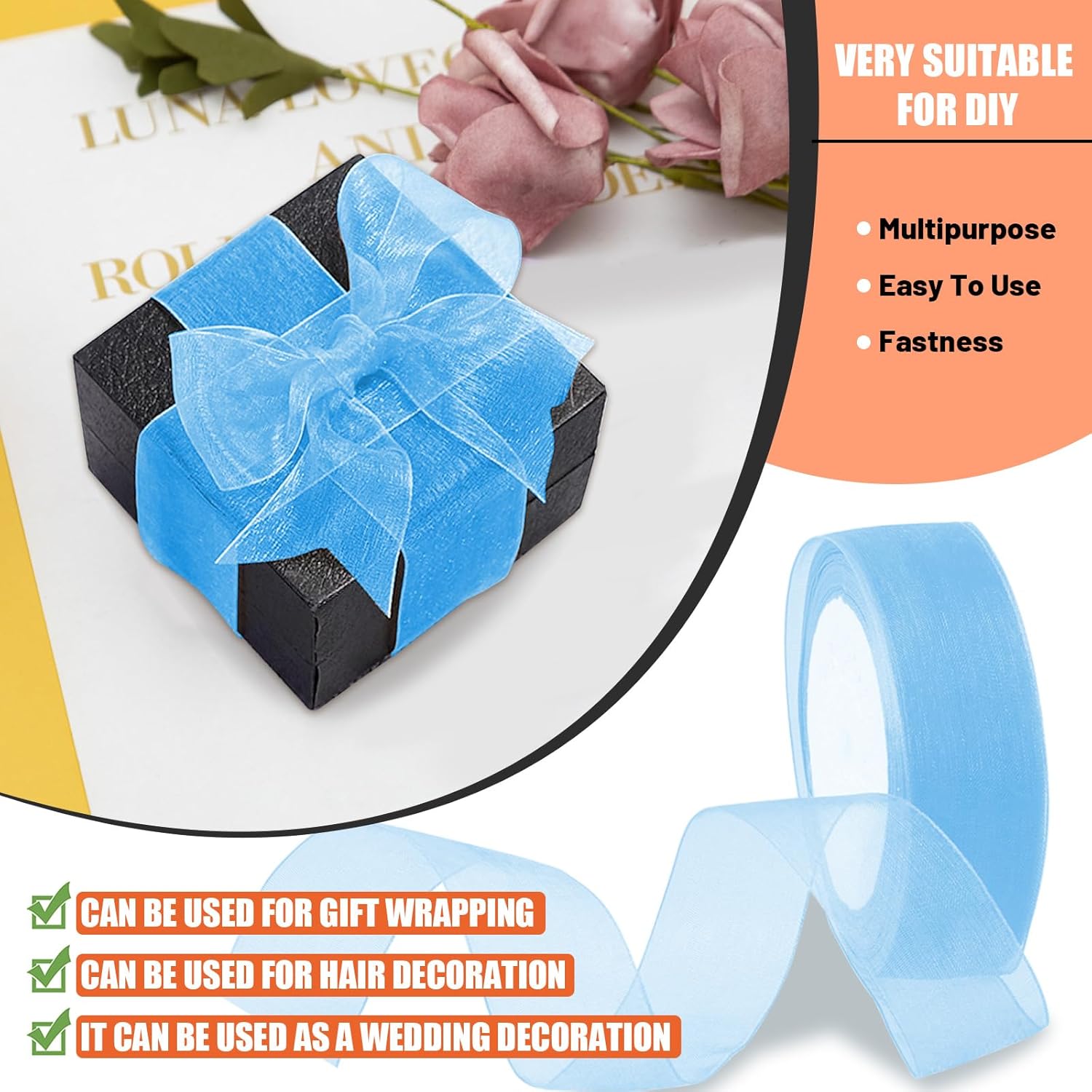 Thumbnail 3 de Tanstic Organza-Band Blau 2 Stück, 25 Yards je 1 Zoll – Transparentes Geschenkband für Verpackung und Blumensträuße