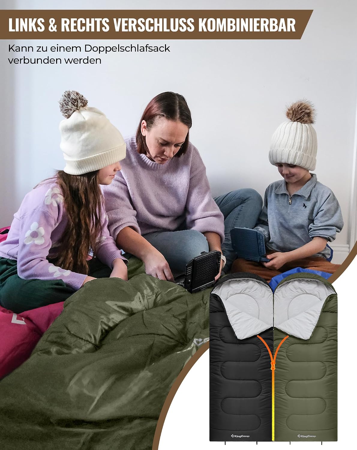 Detalle de KingCamp Camping Sommerschlafsack für Kinder & Erwachsene – kompakt, 3-Jahreszeiten, Deckenschlafsack integrierbar