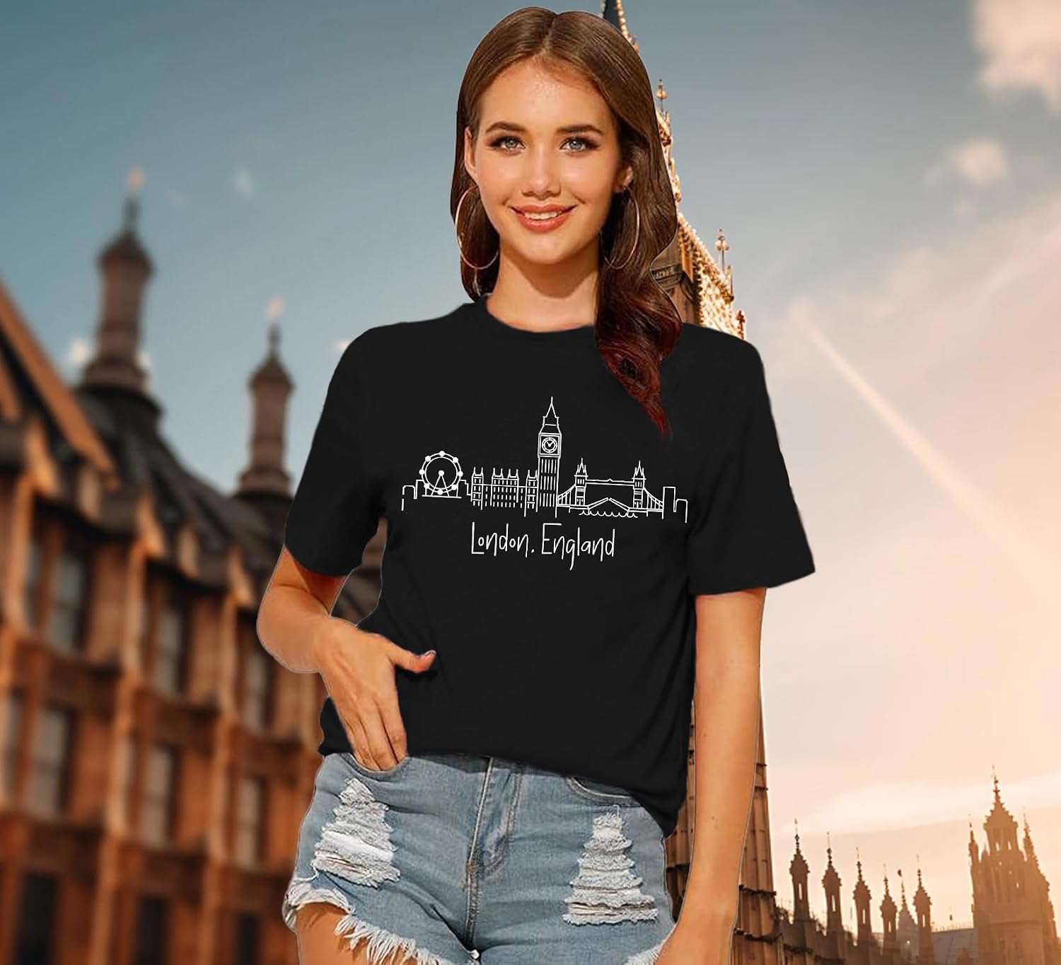 Detalle 2 de Qskall women’s London England T-shirts with London skyline print (crew neck casual tee)