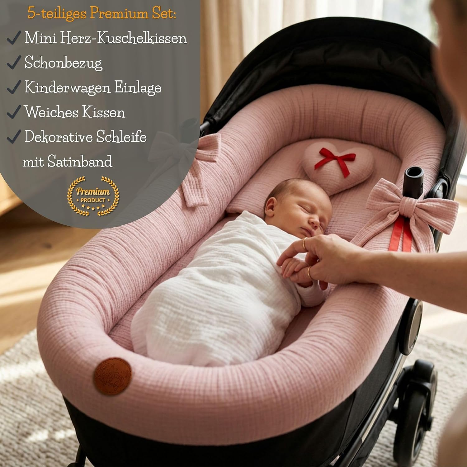 Detalle 2 de Set 3 pezzi per passeggino in mussola neonato – inserto navicella rosa (coprimaterasso, cuscino e inserto 72x32 cm)