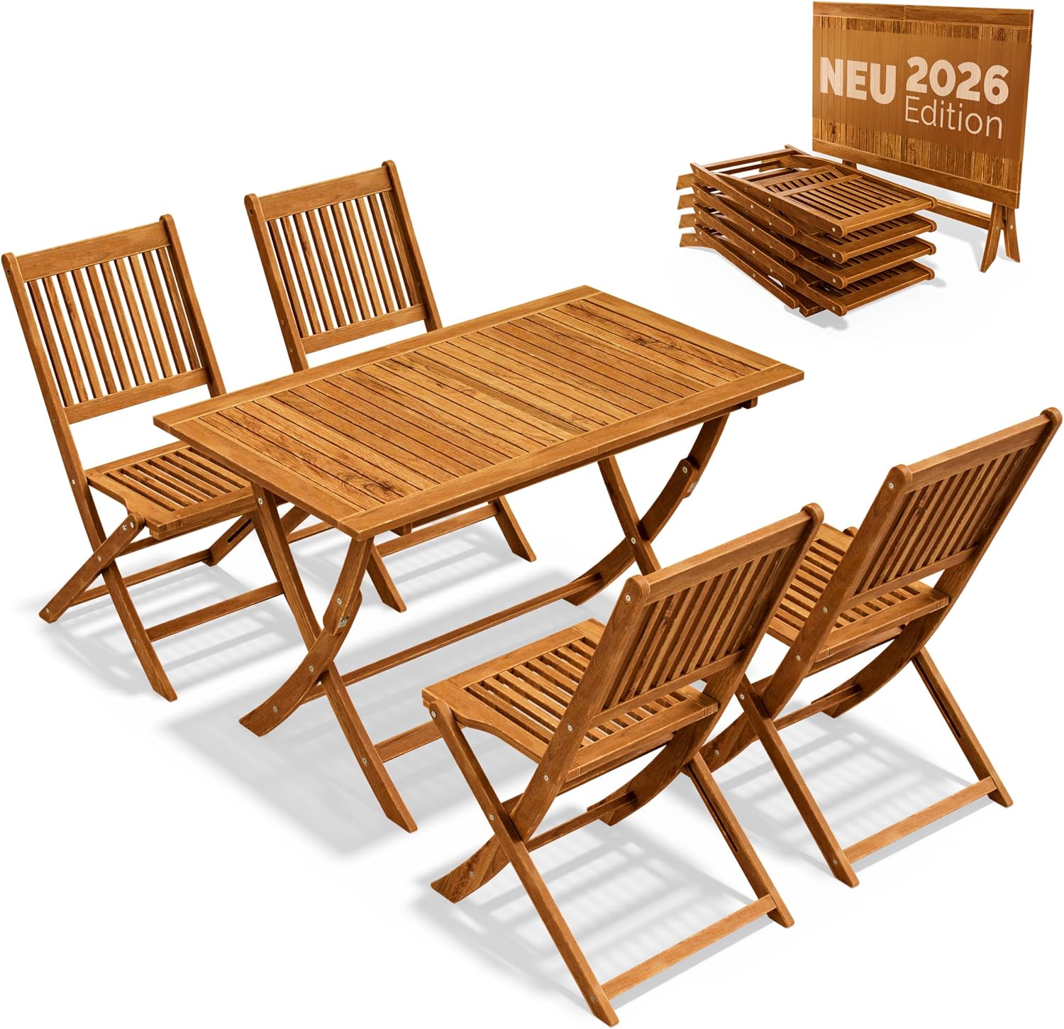 Casaria® Gartenmöbel-Set Modell 2026 aus FSC® Akazienholz (5-teilig) mit klappbarem Tisch & 4 Stühlen