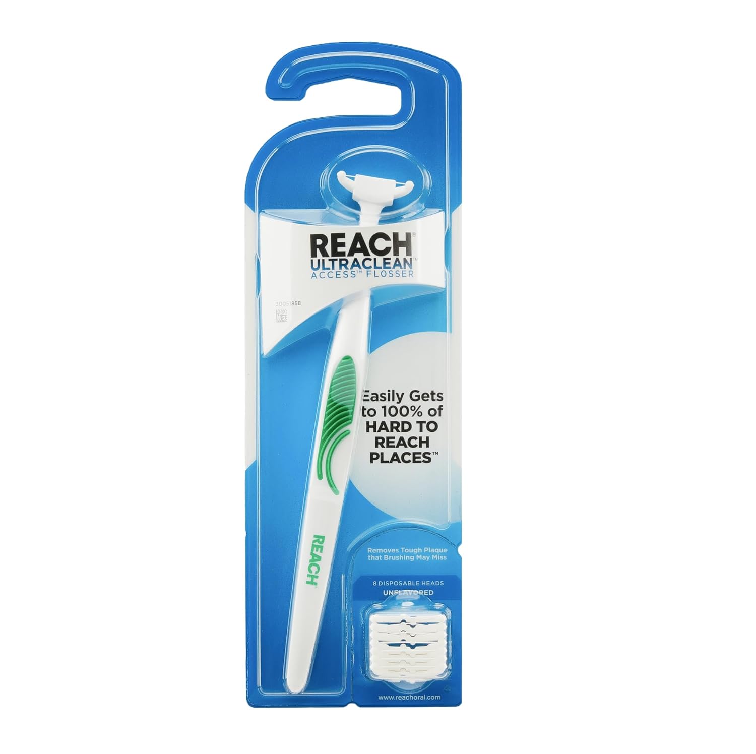 REACH Ultraclean Access Flosser Starter Kit (Unflavored) — Plaque Remover for Hard-to-Reach Areas, PFAS-Free (1 Handle + 8 Refill Heads)