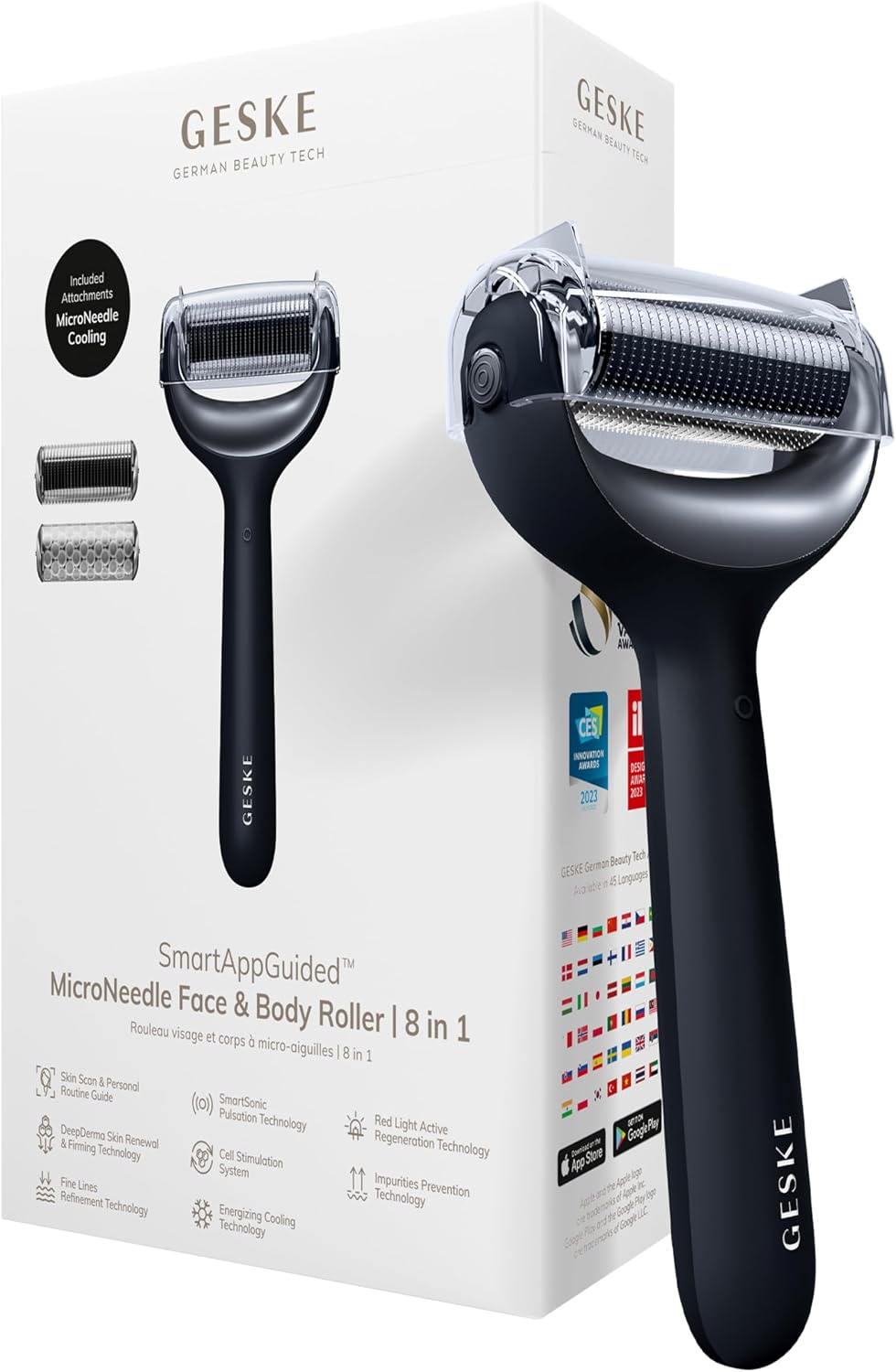 Detalle de GESKE SmartAppGuided MicroNeedle Face & Body Roller – 8 en 1