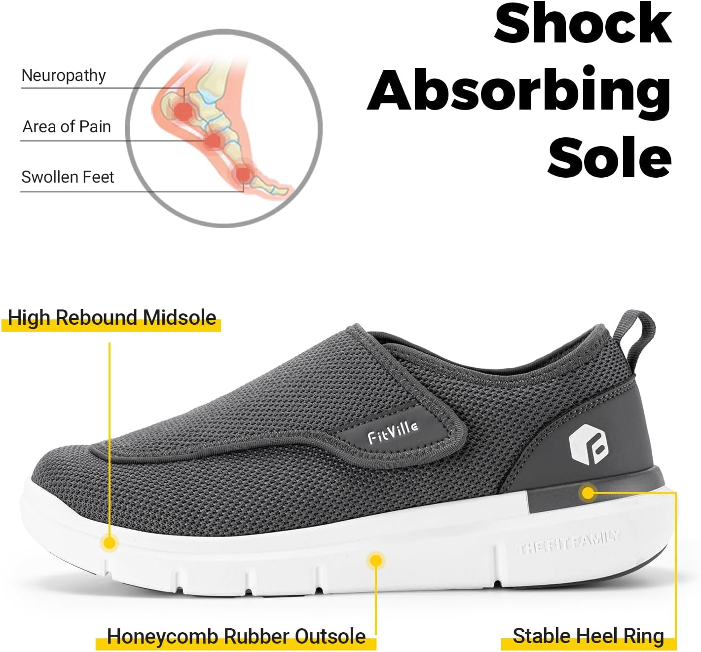 Thumbnail 3 de FitVille Mens Extra Wide Fit Diabetic Shoes: Easy Slip-On Orthopaedic Slippers for Swollen Feet