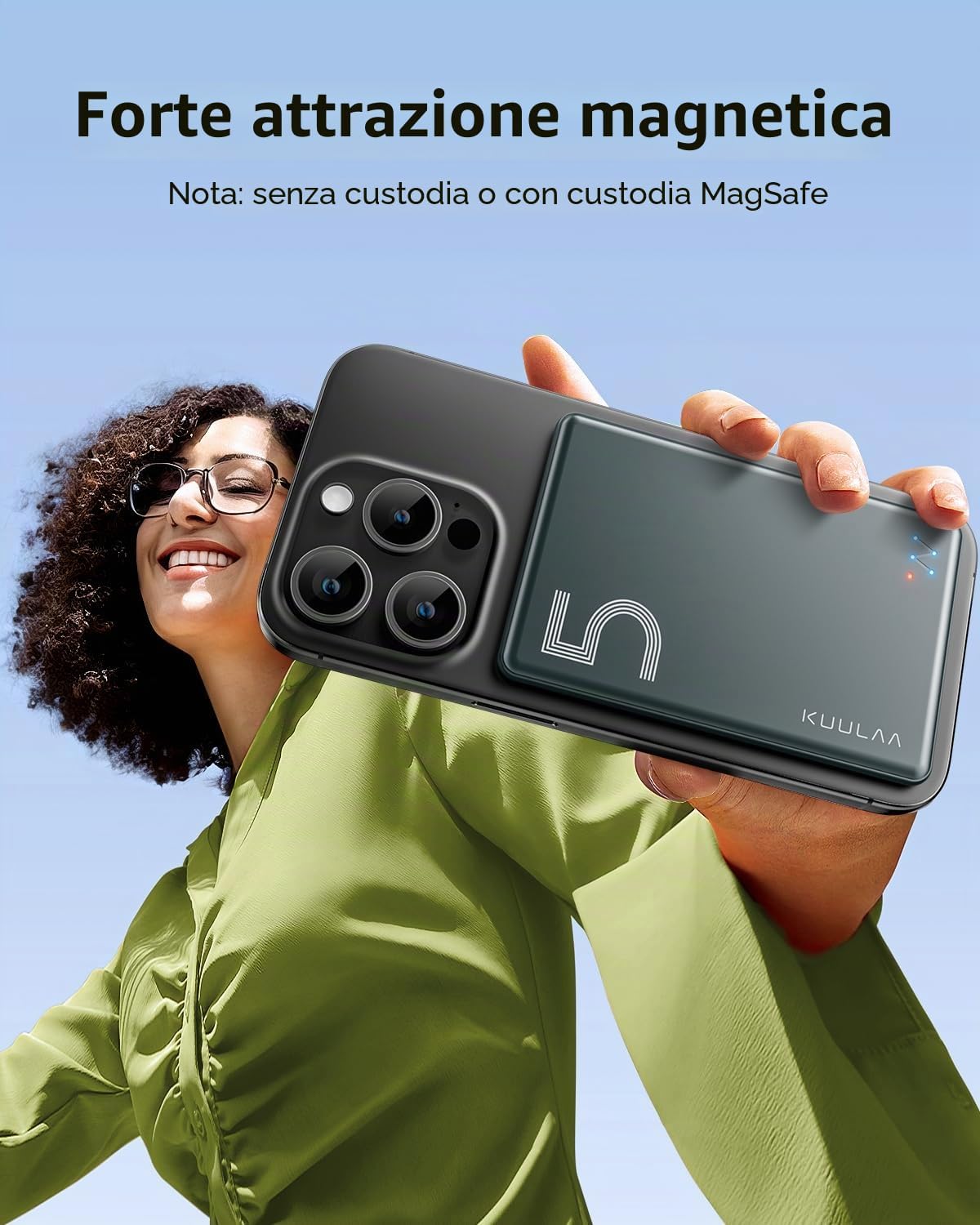 Detalle de Kuulaa Power Bank Ultra Slim MagSafe 5000 mAh: ricarica magnetica veloce e stile minimale per iPhone