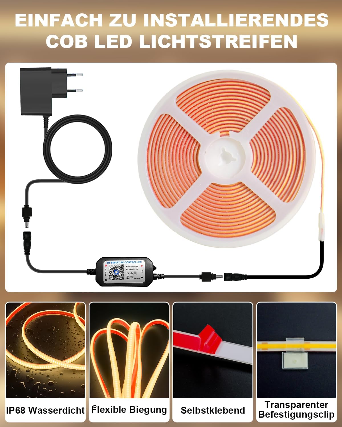 Detalle de Gliztech COB LED Streifen 15 m – IP68 Außenbeleuchtung mit 24 V, App- und Fernbedienung