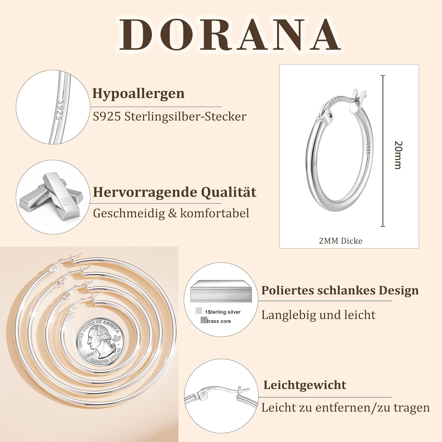 Thumbnail 3 de DORANA Creolen aus Sterlingsilber 925, 2 mm dünne große Hoops (20–70 mm) – hypoallergen, nicht anlaufend